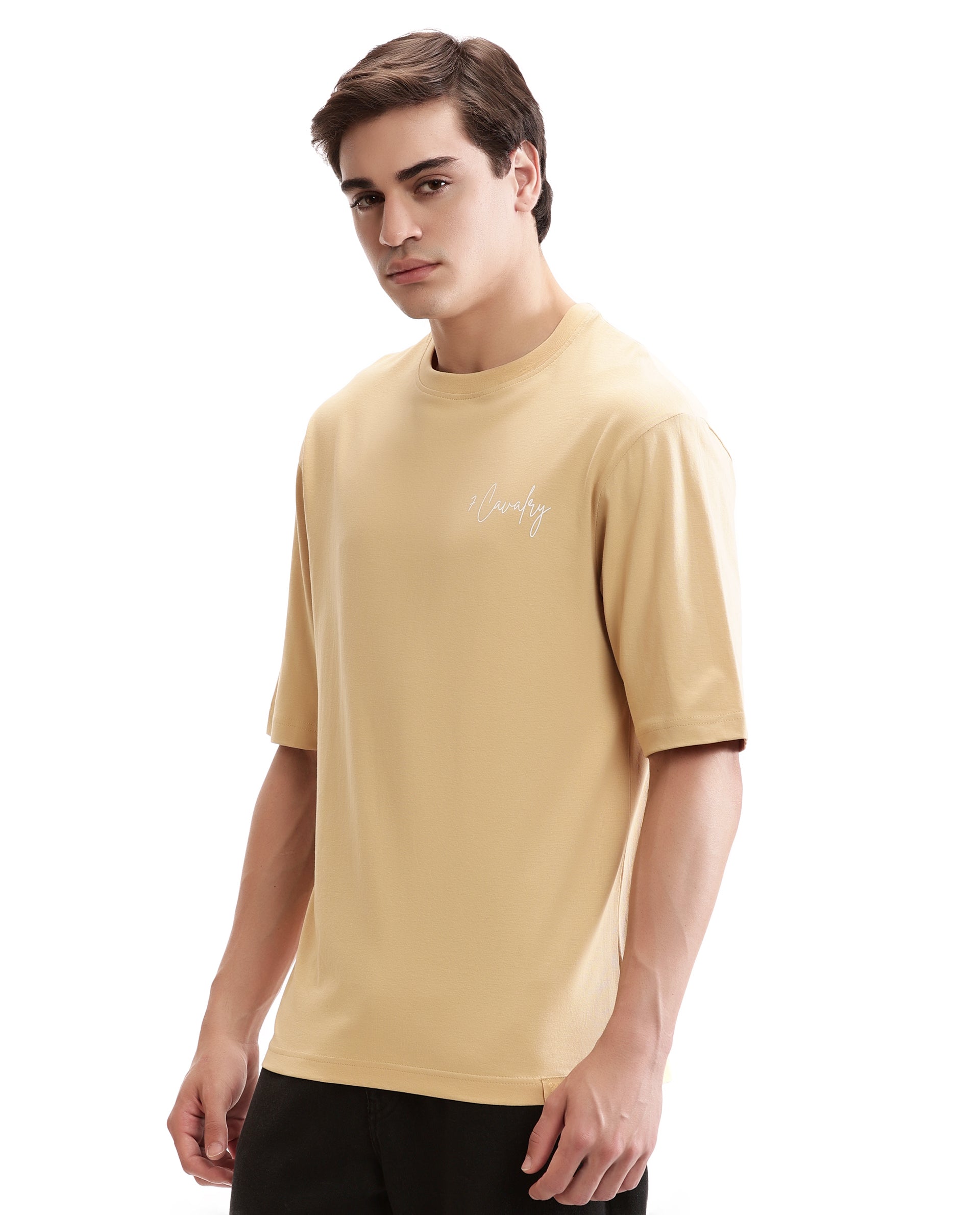 Camel Beige Single Jersey Crew Neck Oversized T-Shirt with Pure White Non-PVC Print
