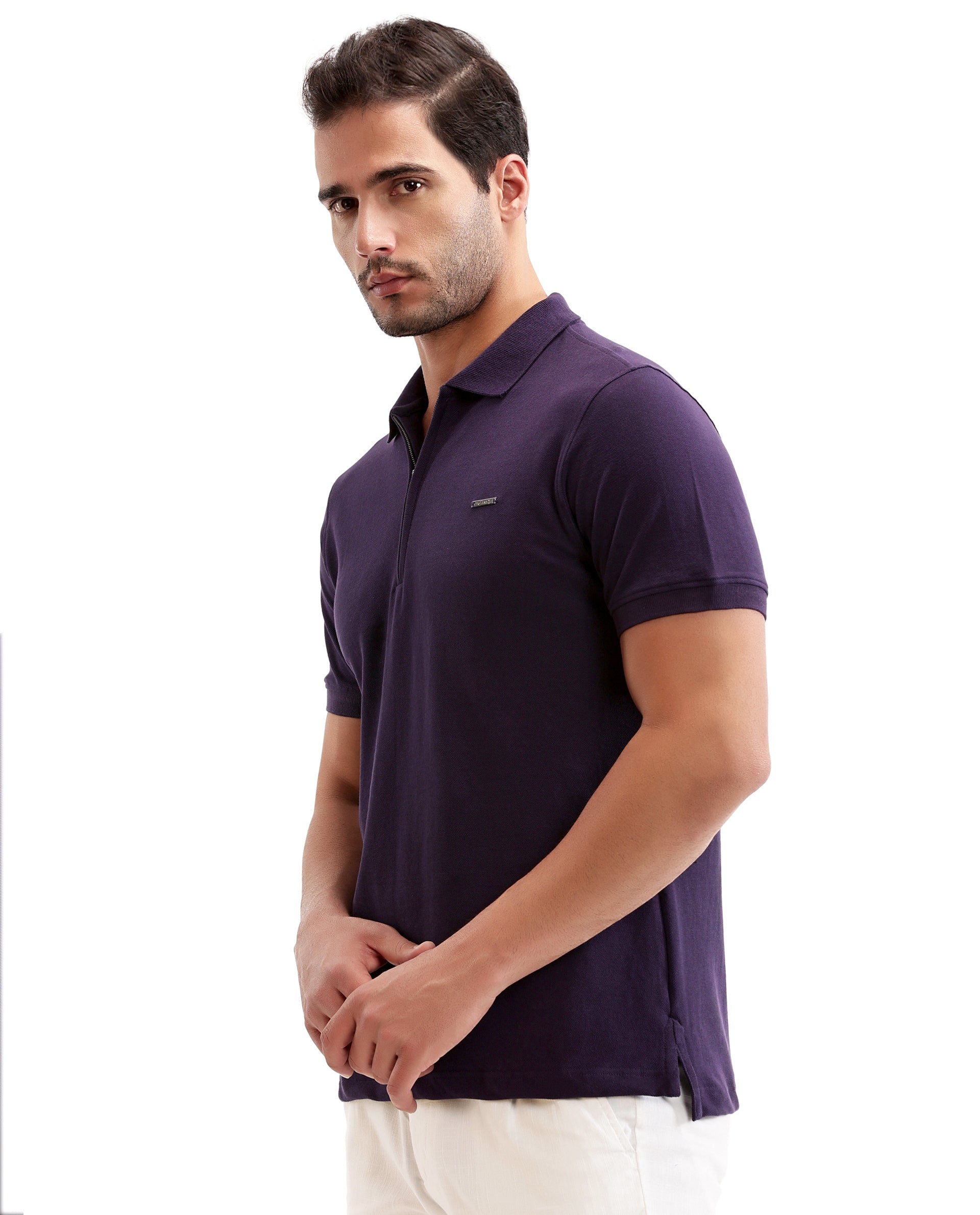Deep Purple Pique Polo with 7C Metal Zip, Metal Badge