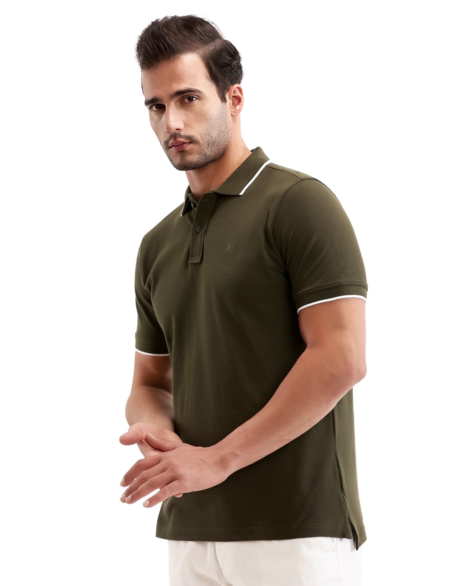 Vintage Olive Pique Polo with White Collar Piping, Tone-on-Tone 7C Embroidery