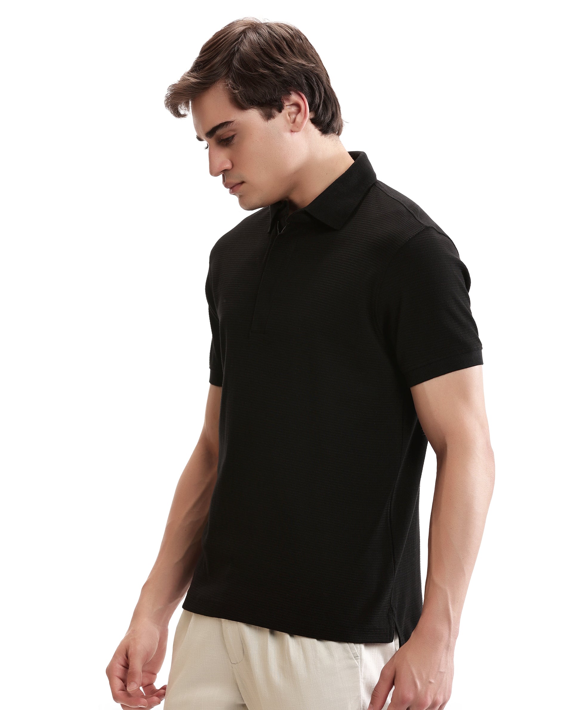 Charcoal Black Knitted Waffle Polo with 7C Metal Zip