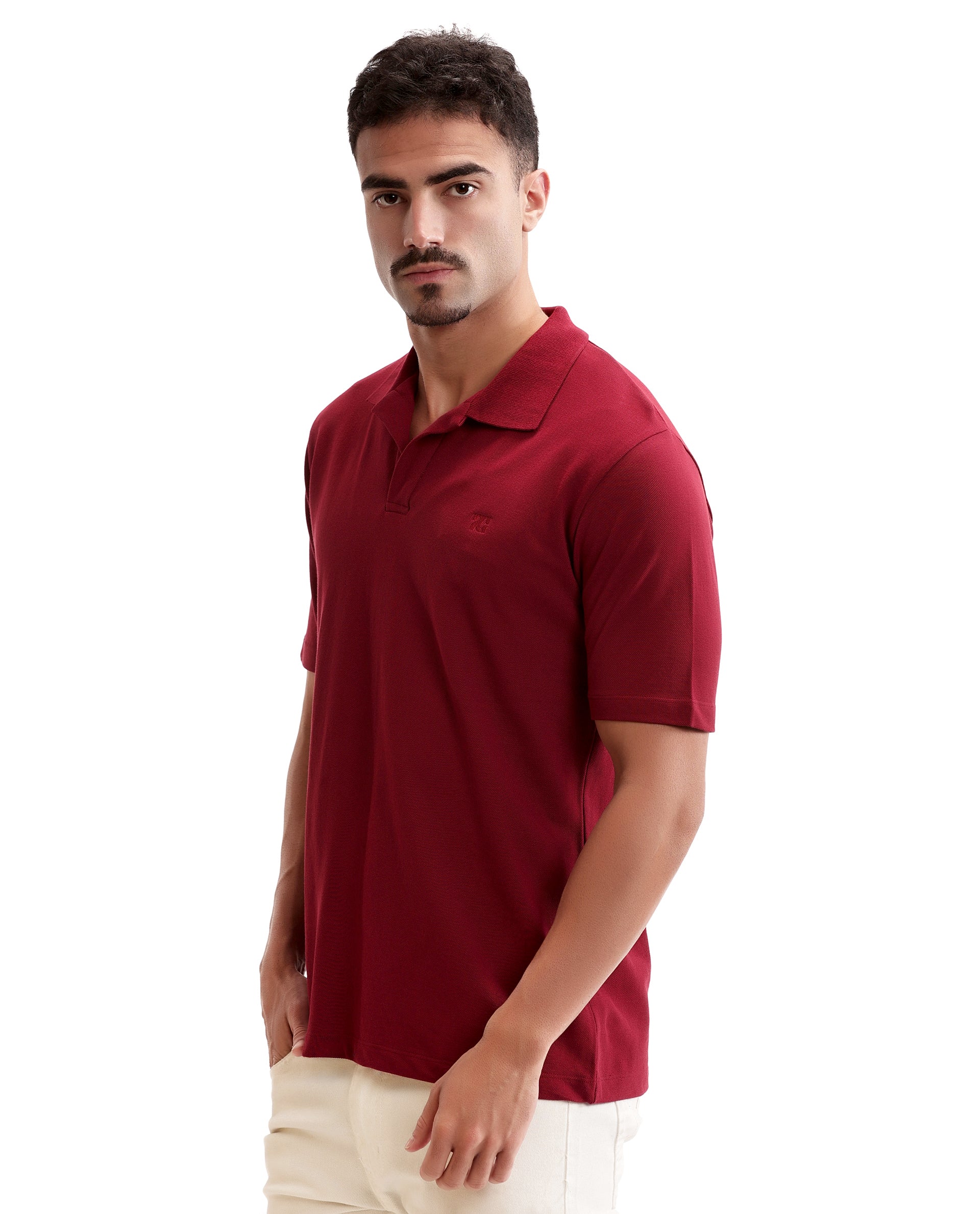 Bordeaux Maroon Johnny Collar Pique Polo with Tone-on-Tone 7C Embroidery
