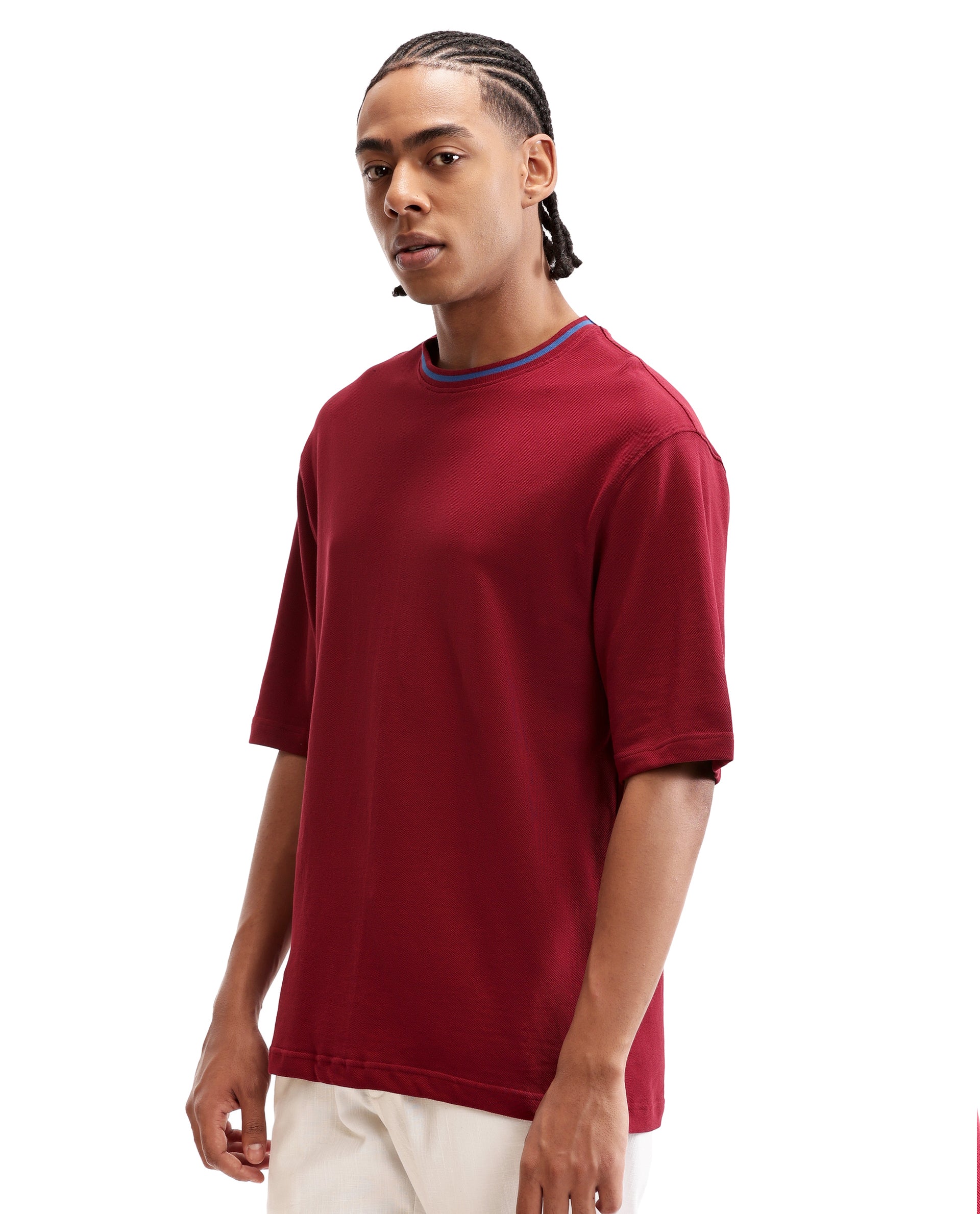 Bordeaux Maroon Pique Crew Neck Oversized T-Shirt with Midnight Navy Blue Piping