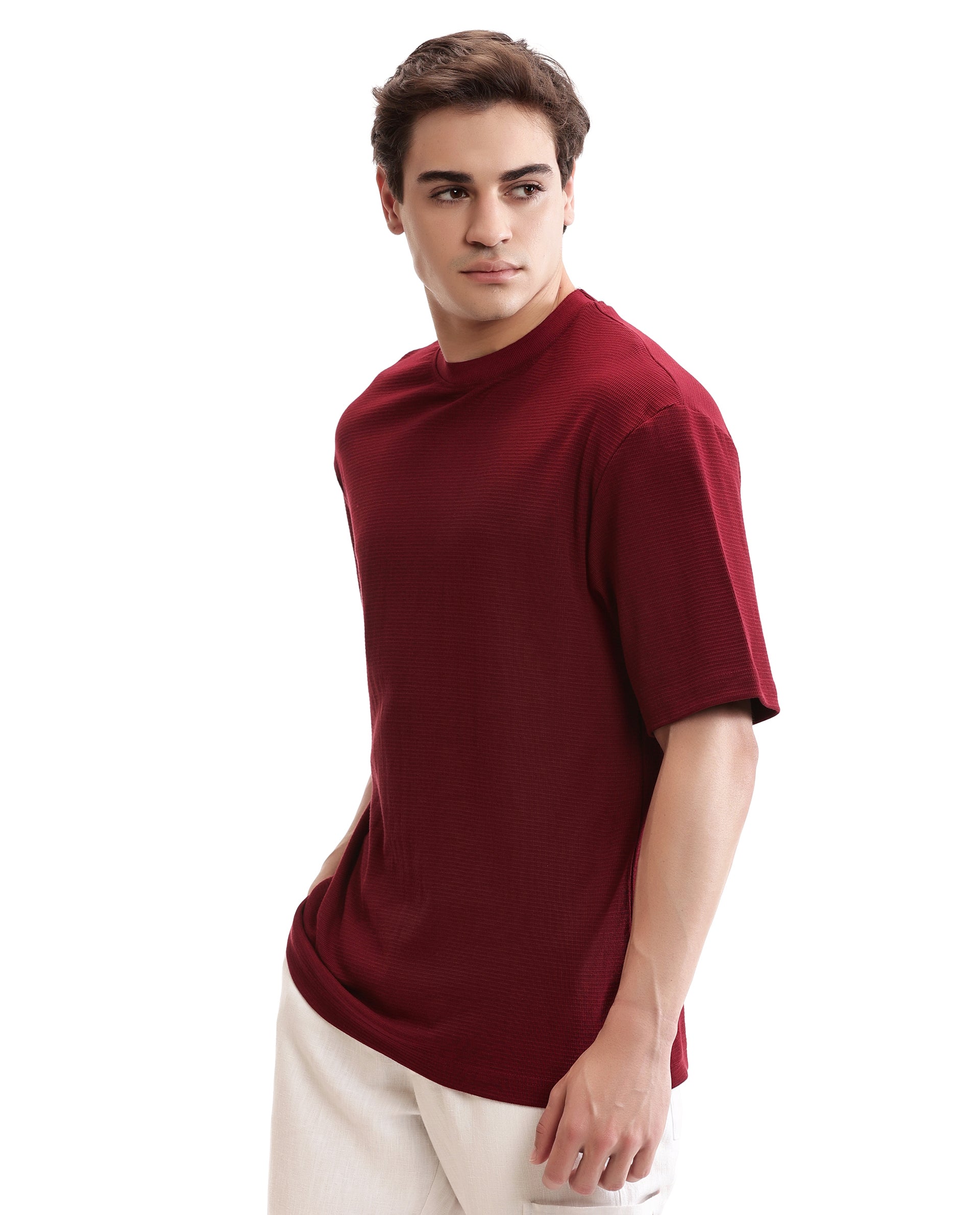 Bordeaux Maroon Knitted Waffle Crew Neck Oversized T-Shirt