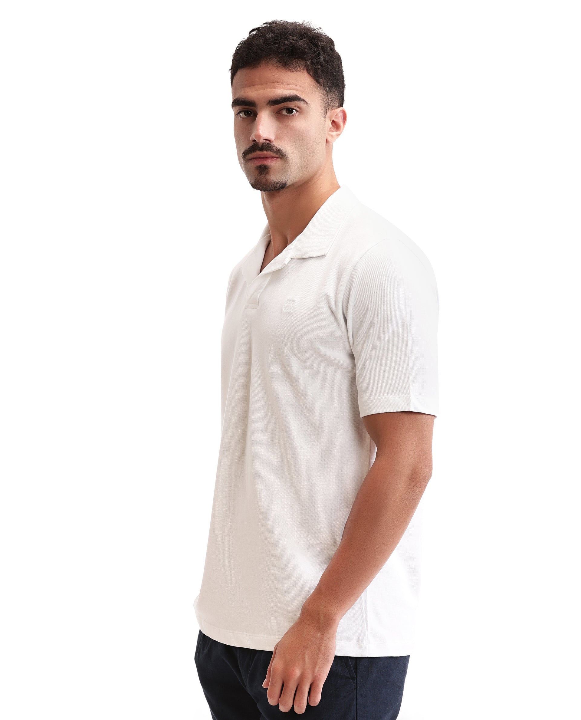 Pure White Johnny Collar Pique Polo with Tone-on-Tone 7C Embroidery
