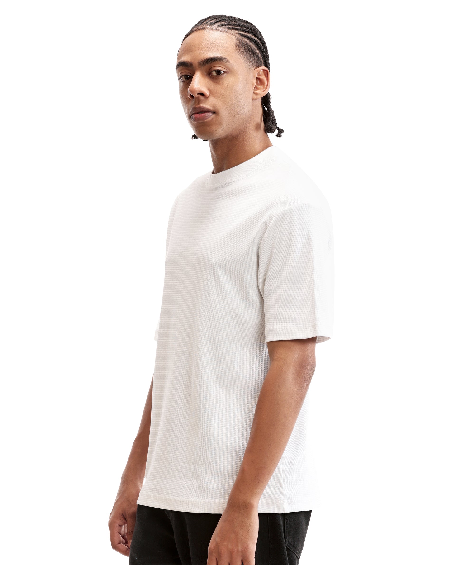 Pure White Knitted Waffle Crew Neck Oversized T-Shirt