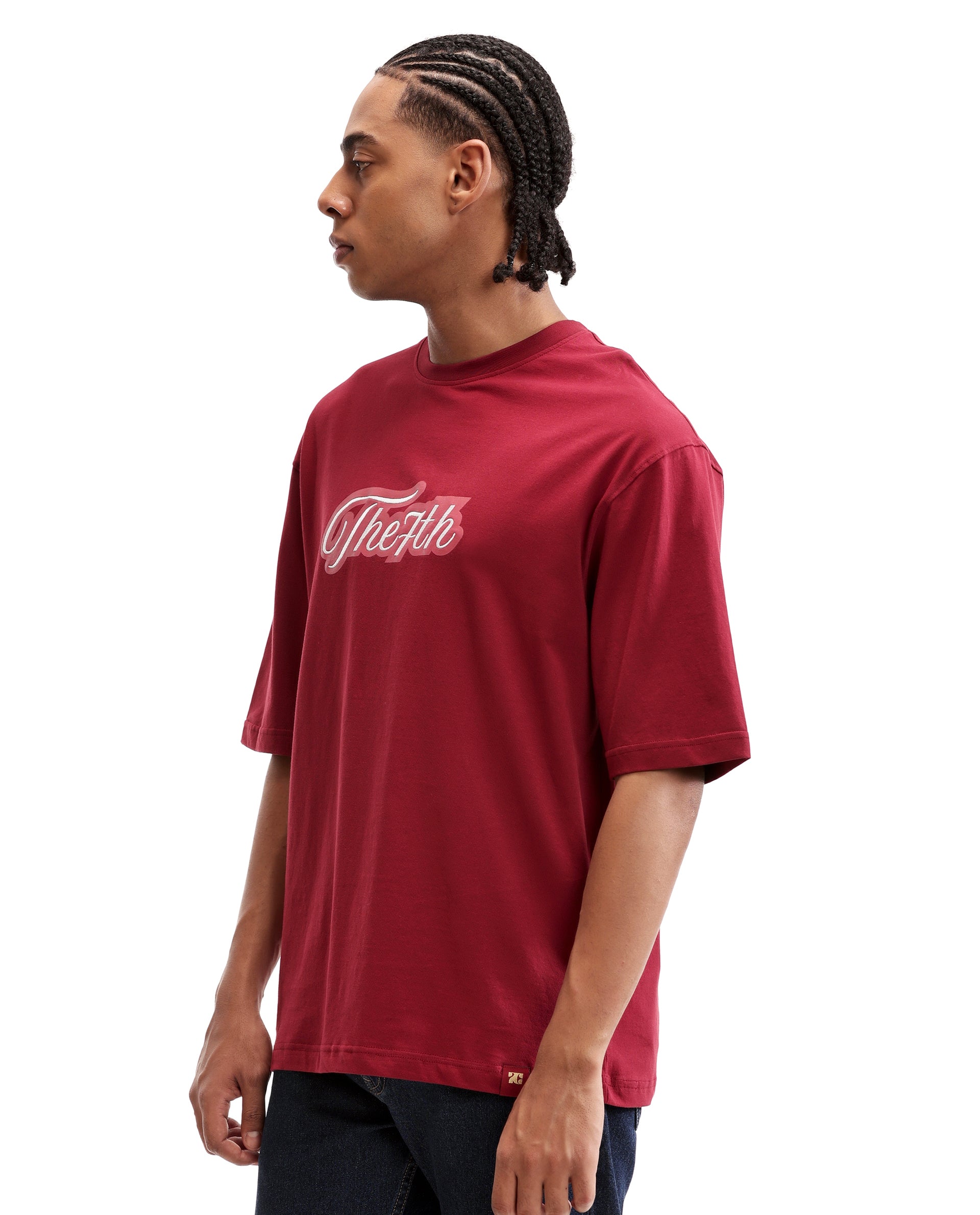 Bordeaux Maroon Single Jersey Crew Neck Oversized T-Shirt with Light Maroon Print & Pure White 7C Embroidery