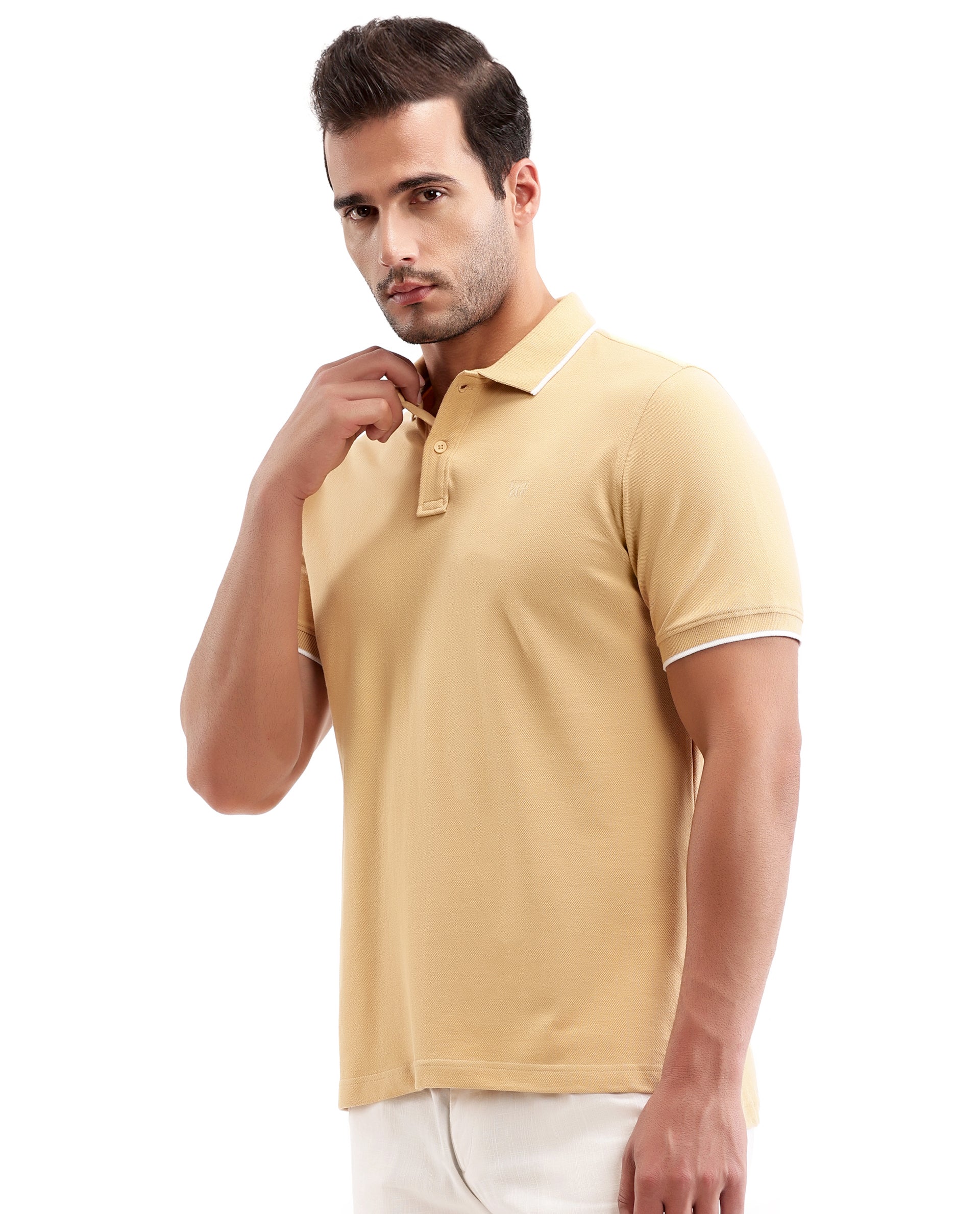 Camel Beige Pique Polo with White Collar Piping, Tone-on-Tone 7C Embroidery