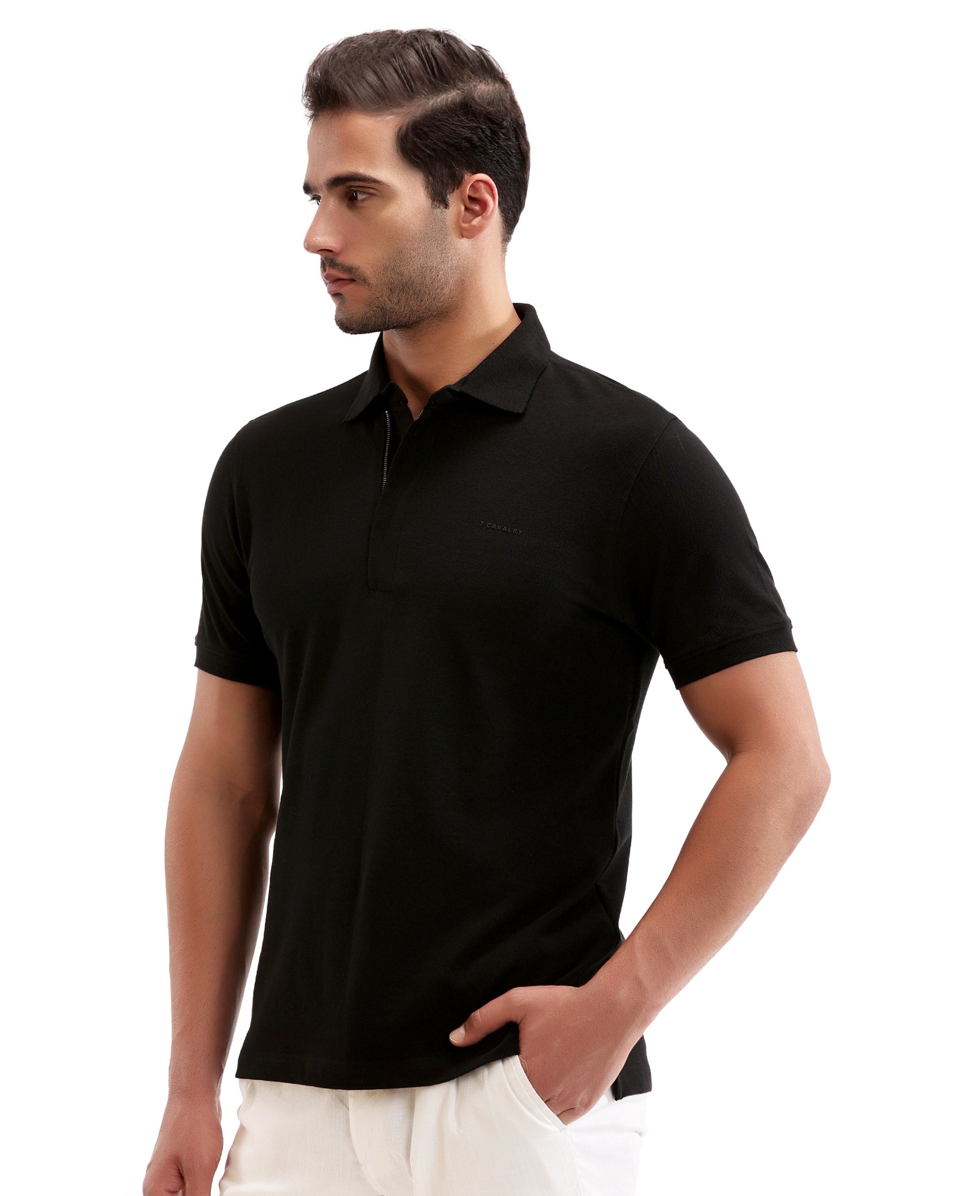 Charcoal Black Solid Polo with Concealed 7C Metal Zip, HD Print