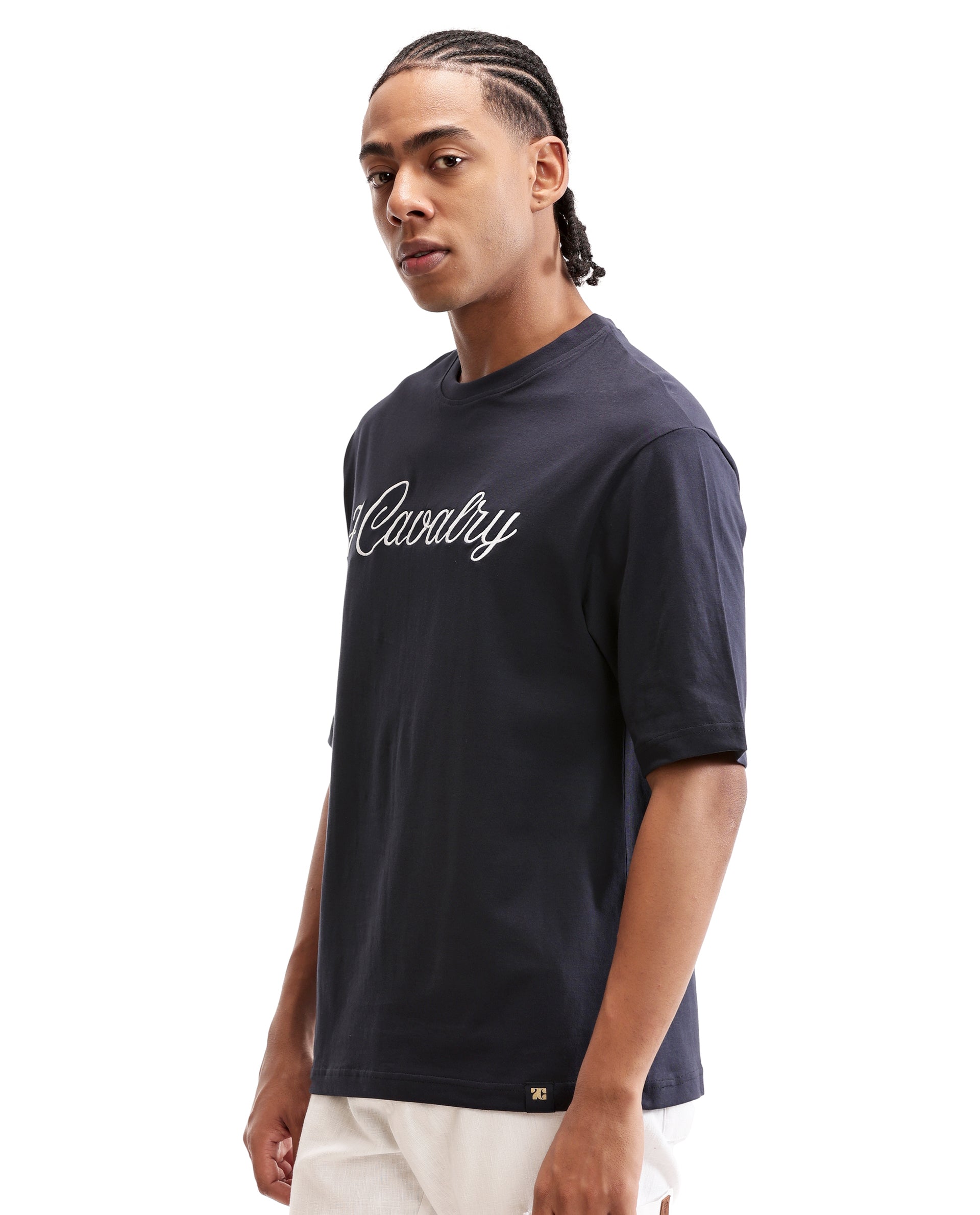 Midnight Navy Blue Single Jersey Crew Neck Oversized T-Shirt with Pure White Embroidery