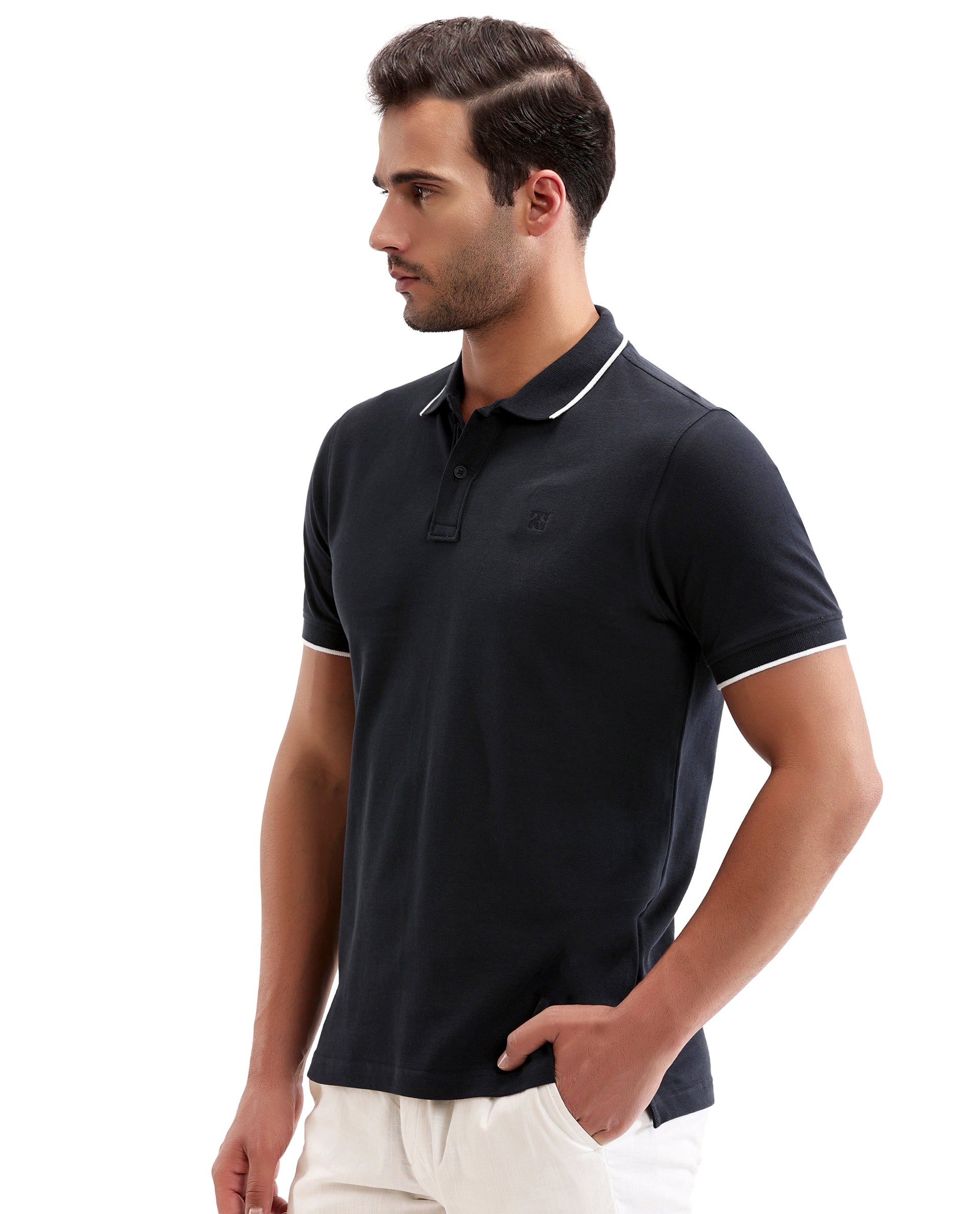 Midnight Navy Blue Pique Polo with White Collar Piping, Tone-on-Tone 7C Embroidery