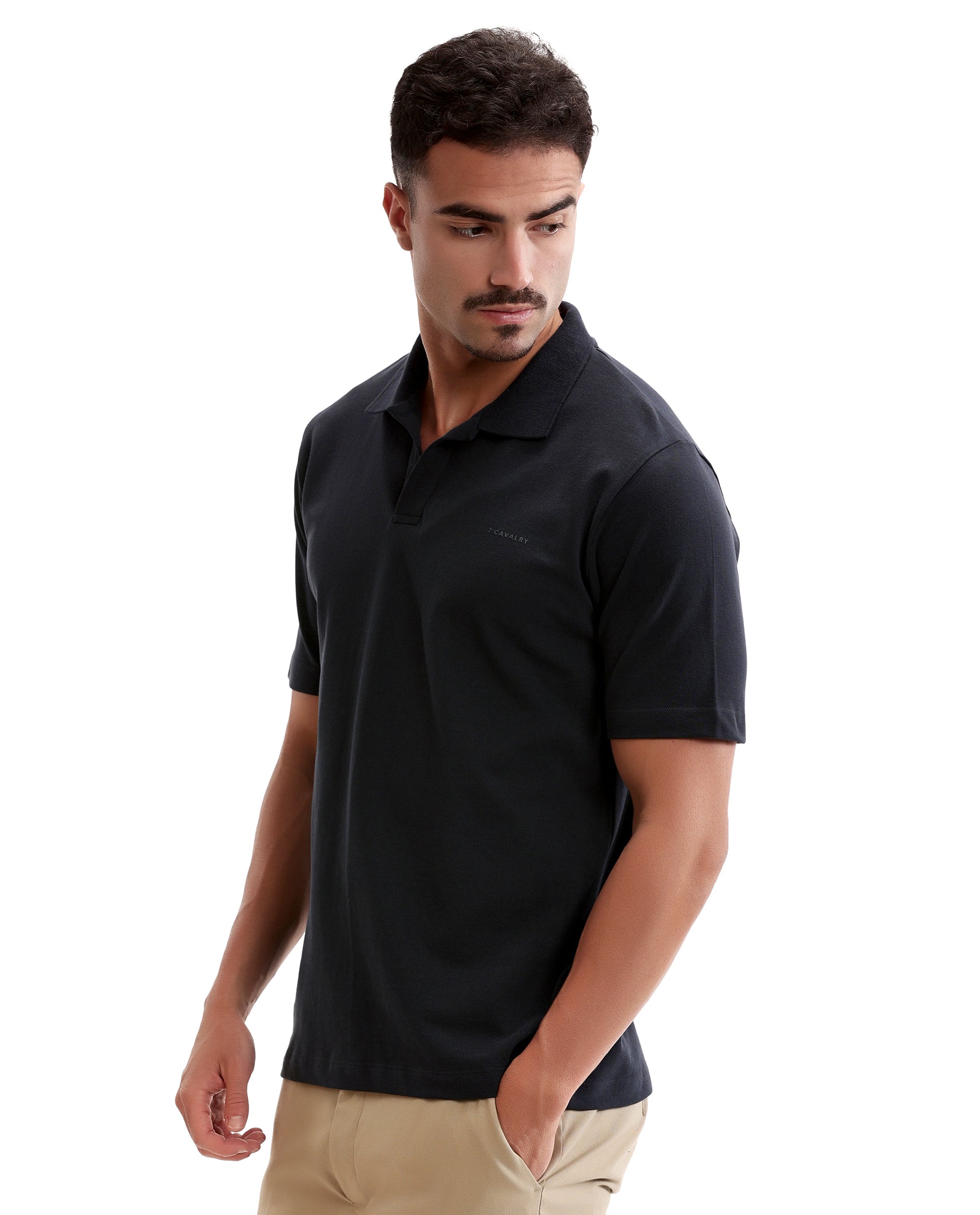 Midnight Navy Blue Pique Johnny Collar Polo with HD Print