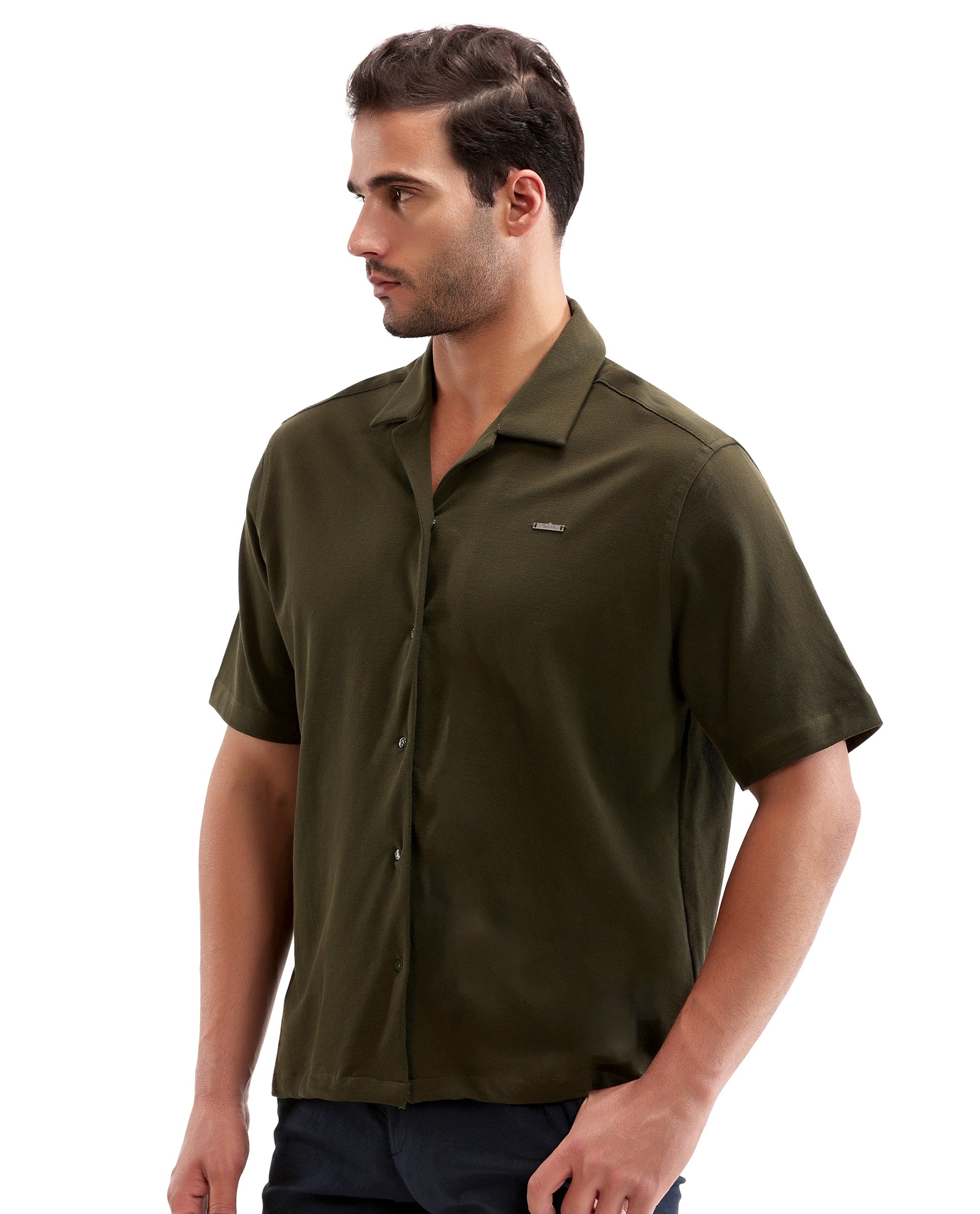 Vintage Olive Pique Knit Shirt with 7C Engraved Snap Buttons, Gun Metal Badge