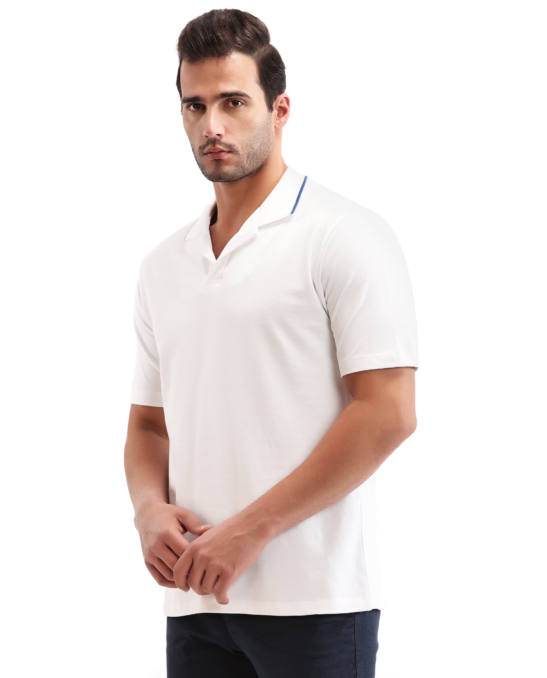 Pure White Johnny Collar Pique Polo with Prussian Blue Collar Piping