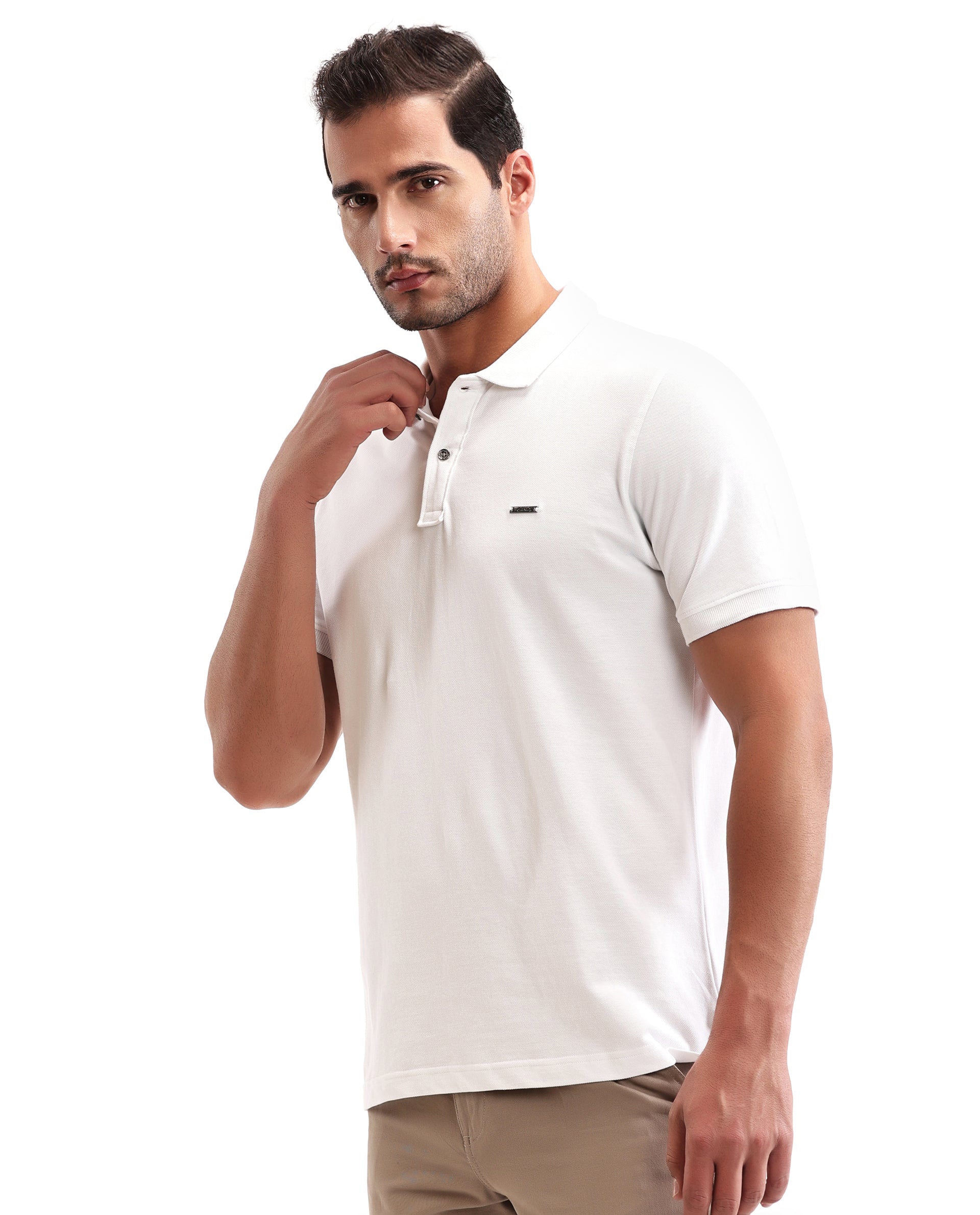 Pure White Pique Polo with Metal Buttons, 7C Metal Badge