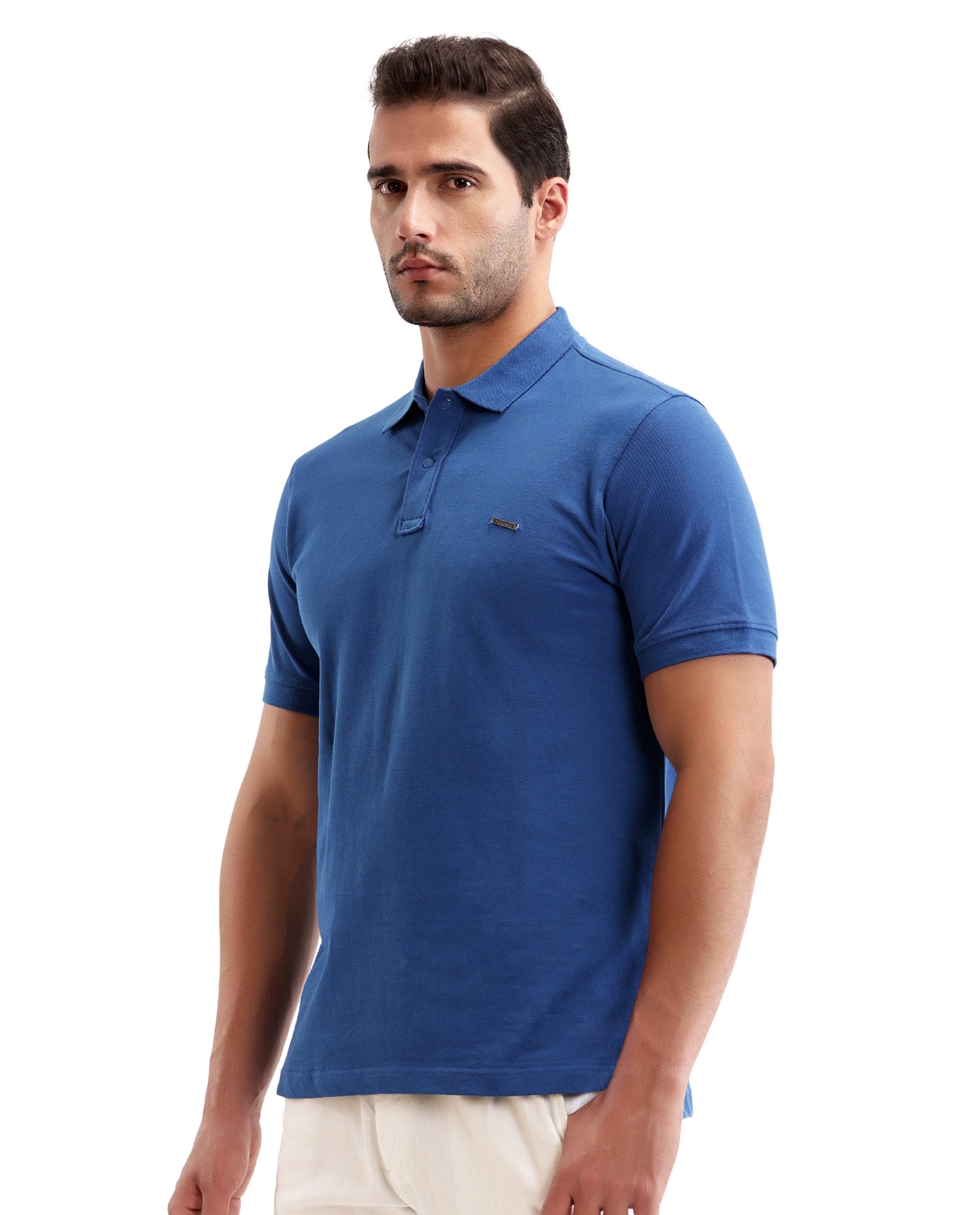 Imperial Prussian Blue Pique Polo with 7C Snap Buttons, Metal Badge