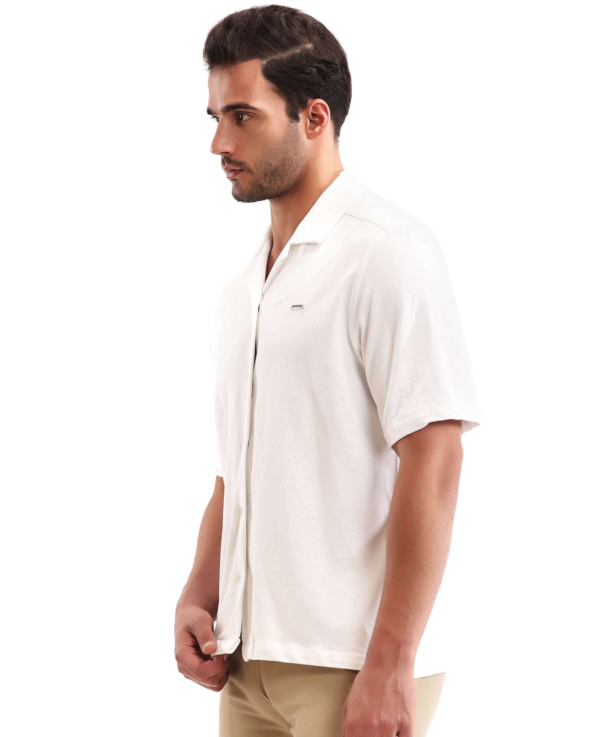 Pure White Pique Knit Shirt with 7C Engraved Snap Buttons, Gun Metal Badge