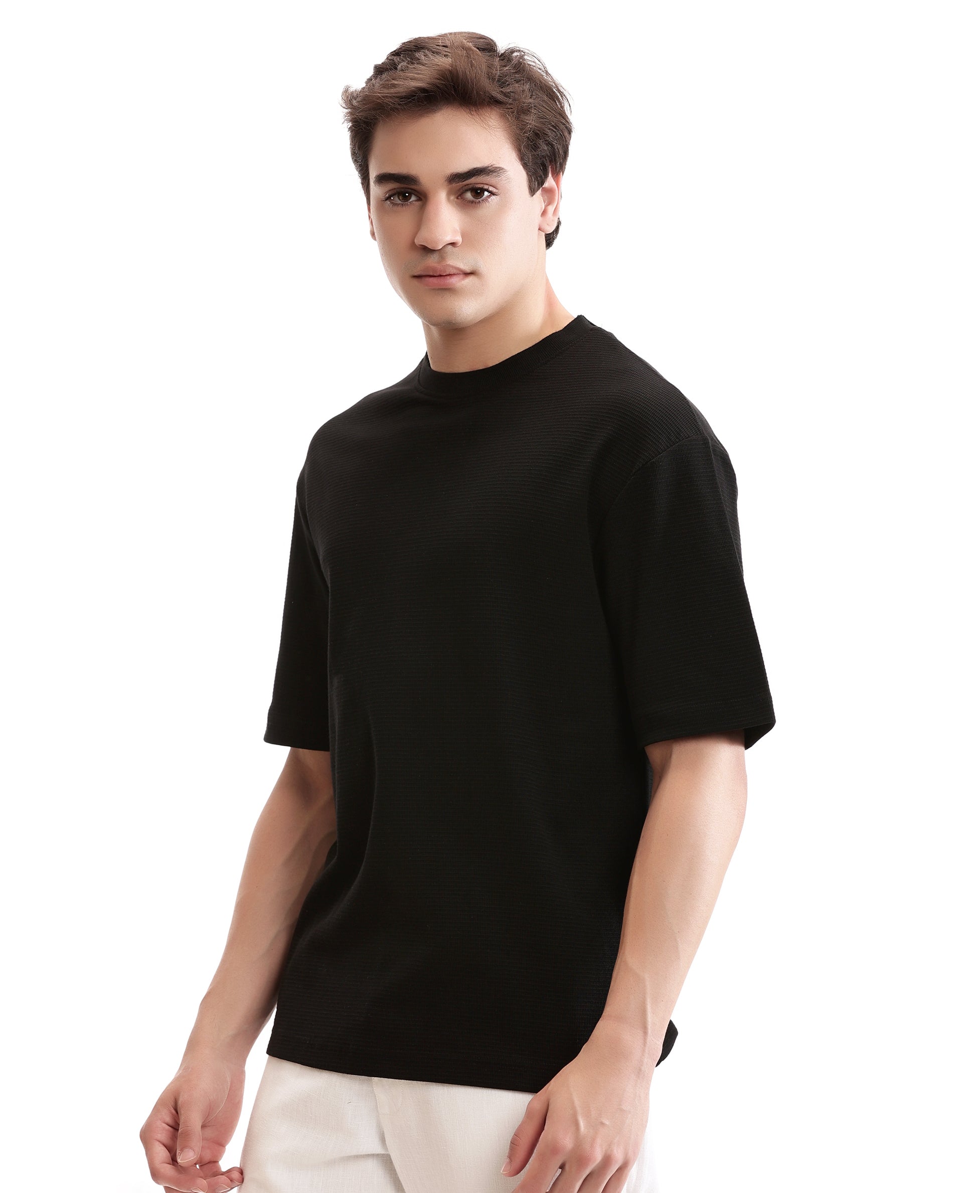 Charcoal Black Knitted Waffle Crew Neck Oversized T-Shirt
