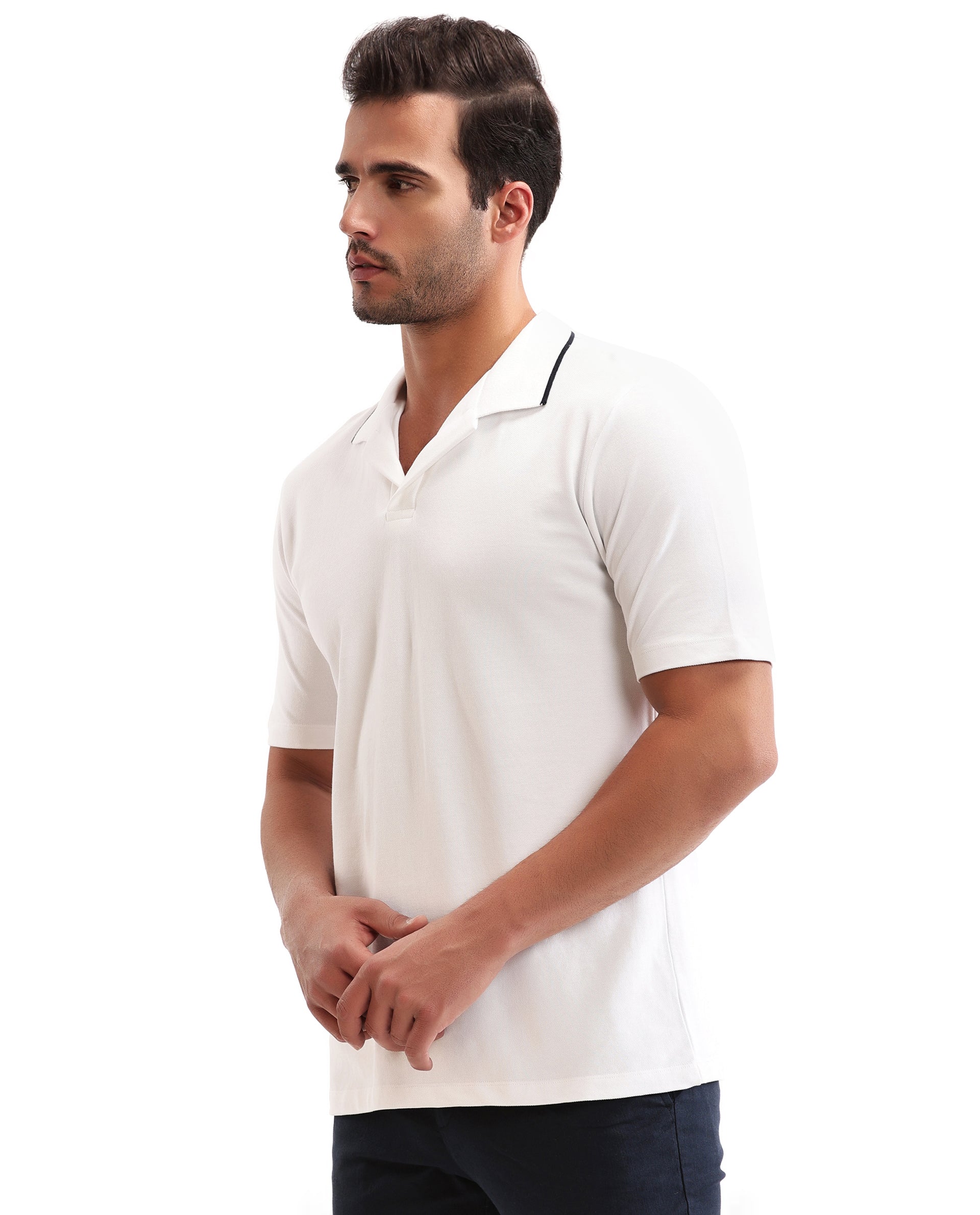 Pure White Johnny Collar Pique Polo with Midnight Navy Blue Collar Piping