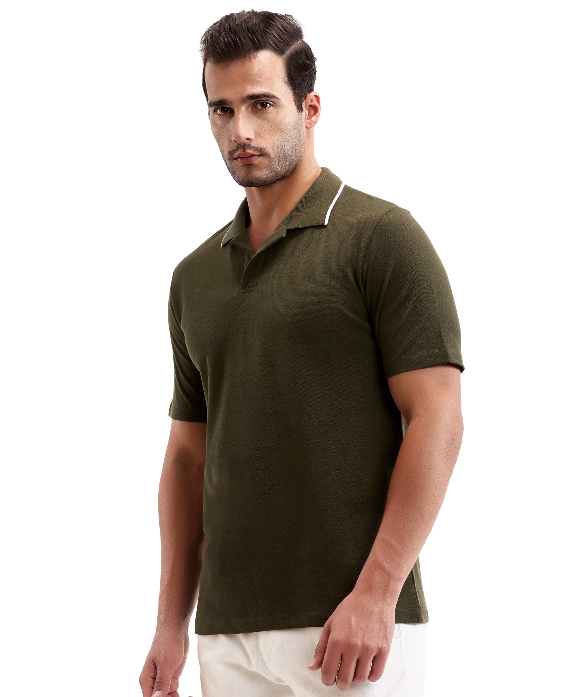 Vintage Olive Johnny Collar Pique Polo with White Collar Piping