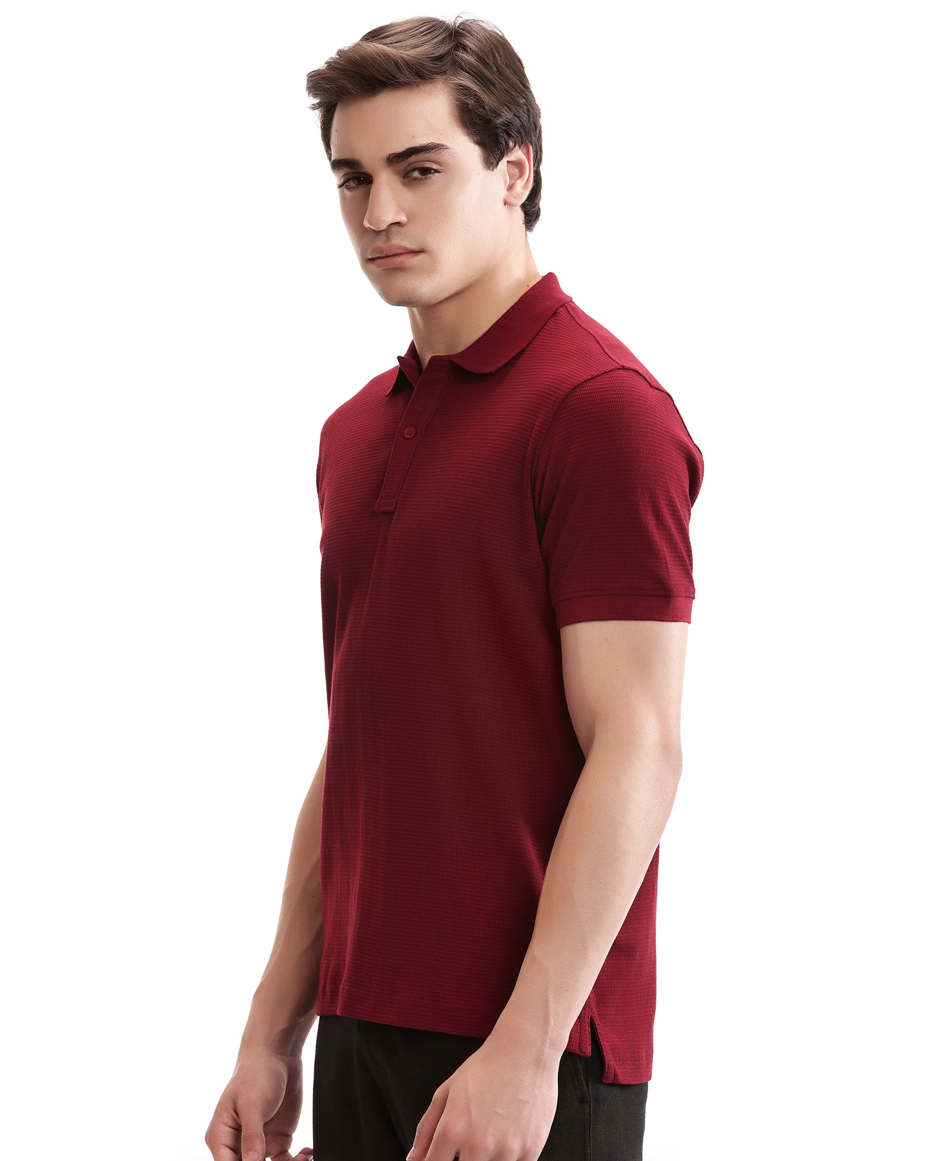 Bordeaux Maroon Knitted Waffle Polo with Ribbed Collar