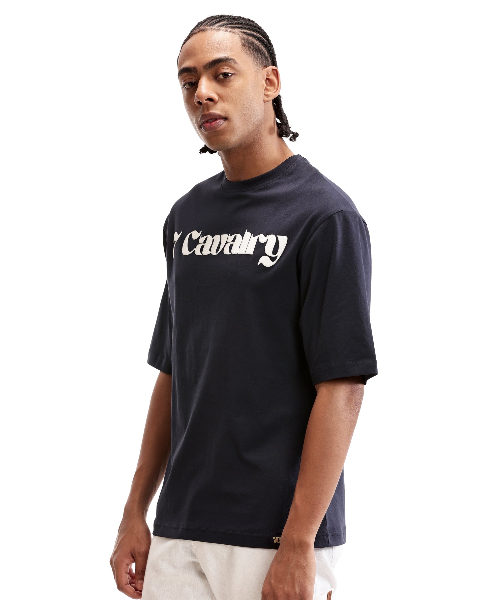 Midnight Navy Blue Single Jersey Crew Neck Oversized T-Shirt with Pure White Puff Print