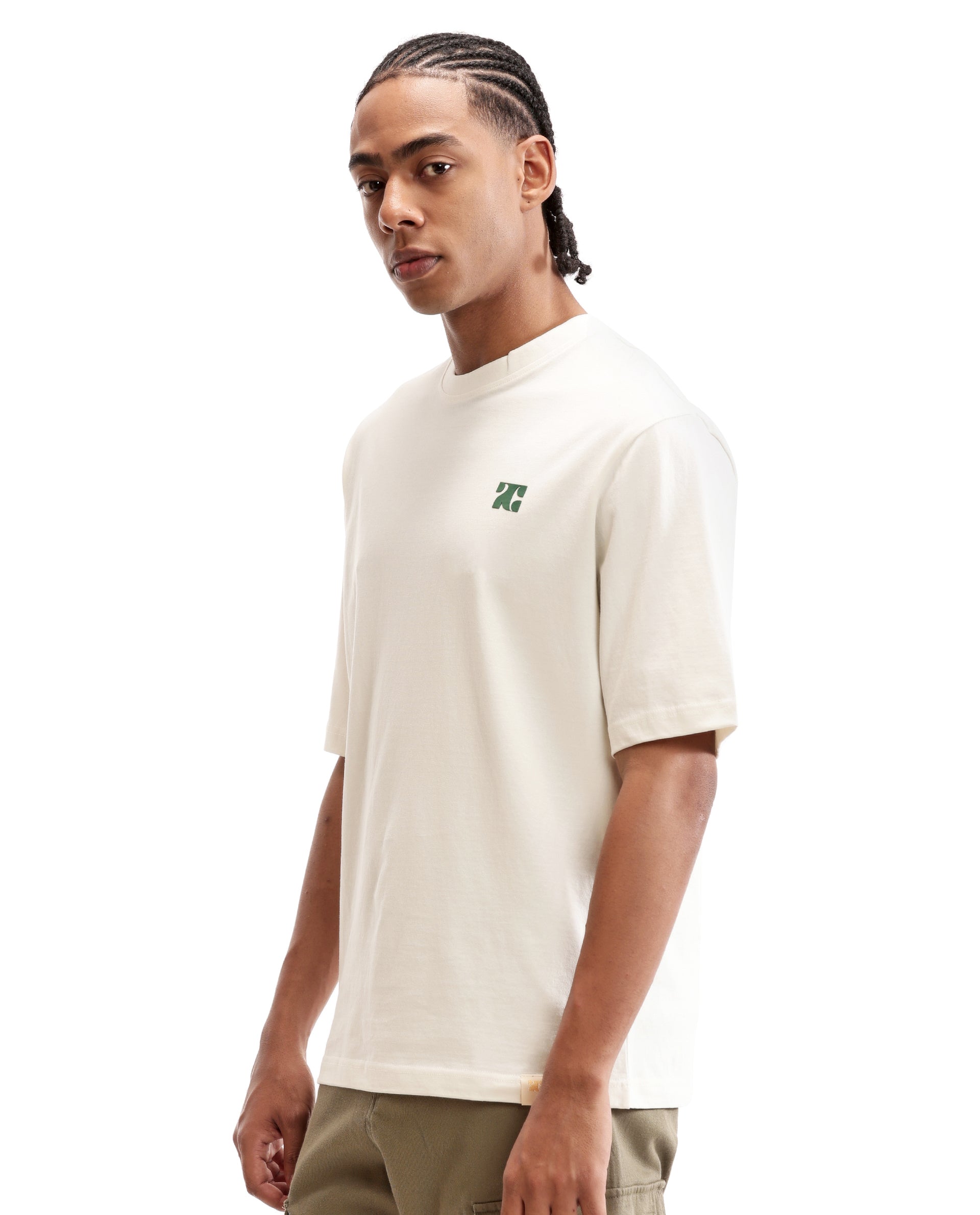 Ivory White Single Jersey Crew Neck Oversized T-Shirt with Deep Forest Green HD Print