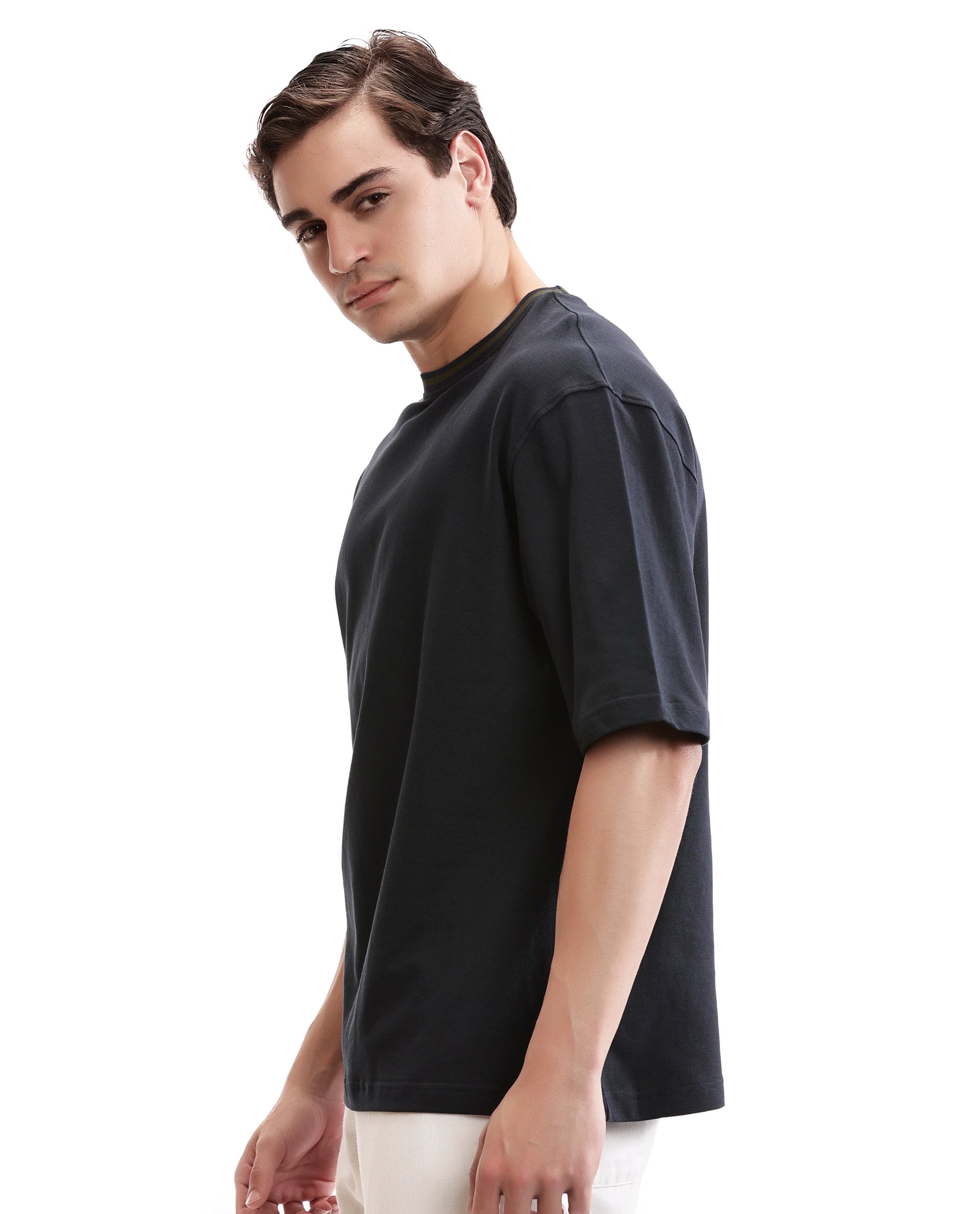 Midnight Navy Blue Pique Crew Neck Oversized T-Shirt with Vintage Olive Piping