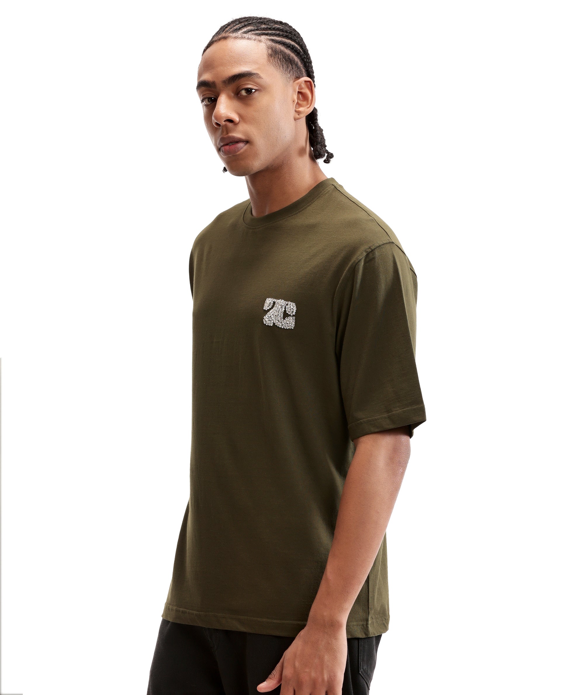 Vintage Olive Single Jersey Crew Neck Oversized T-Shirt with Crystal Finish Rhinestones