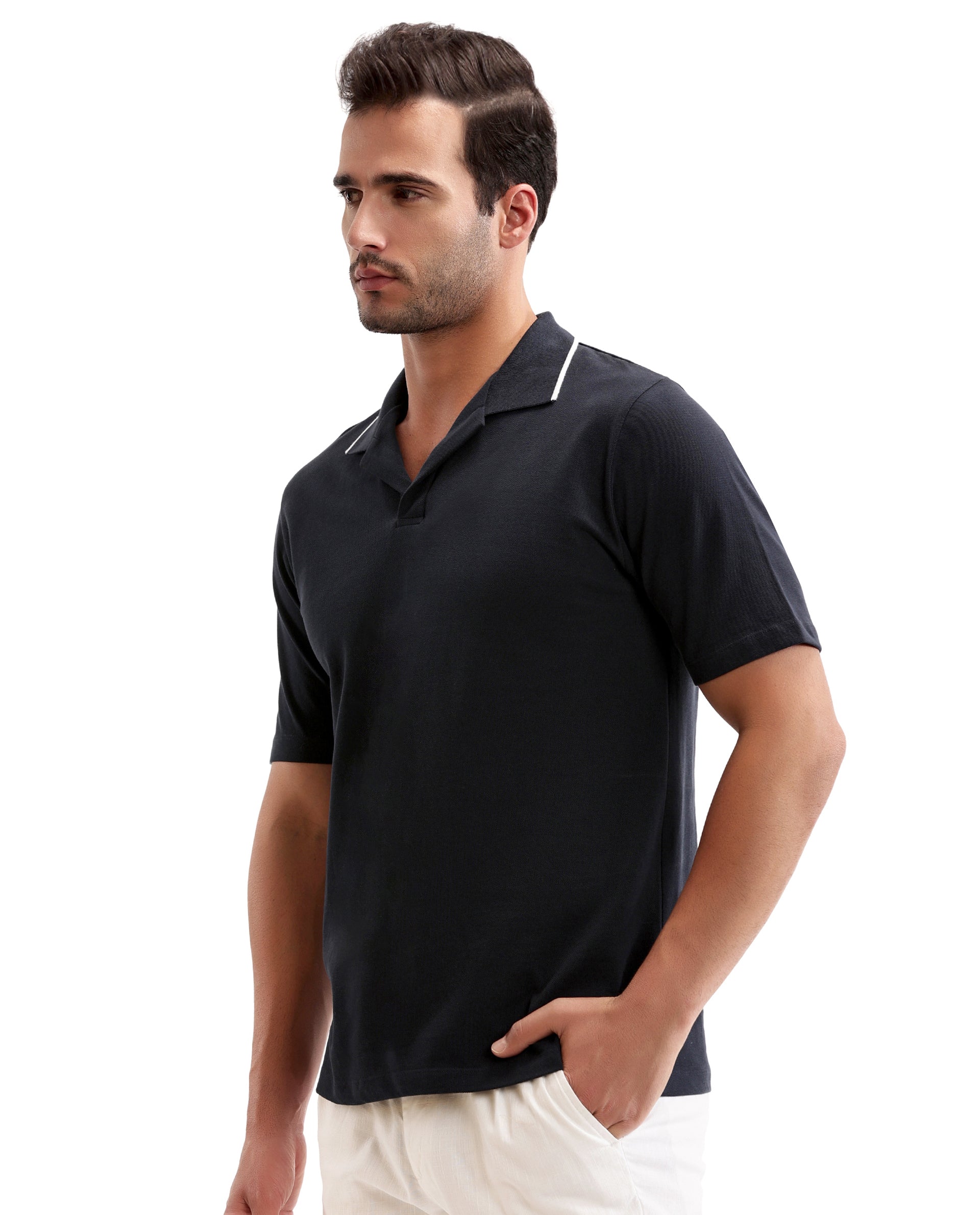 Midnight Navy Blue Johnny Collar Pique Polo with White Collar Piping