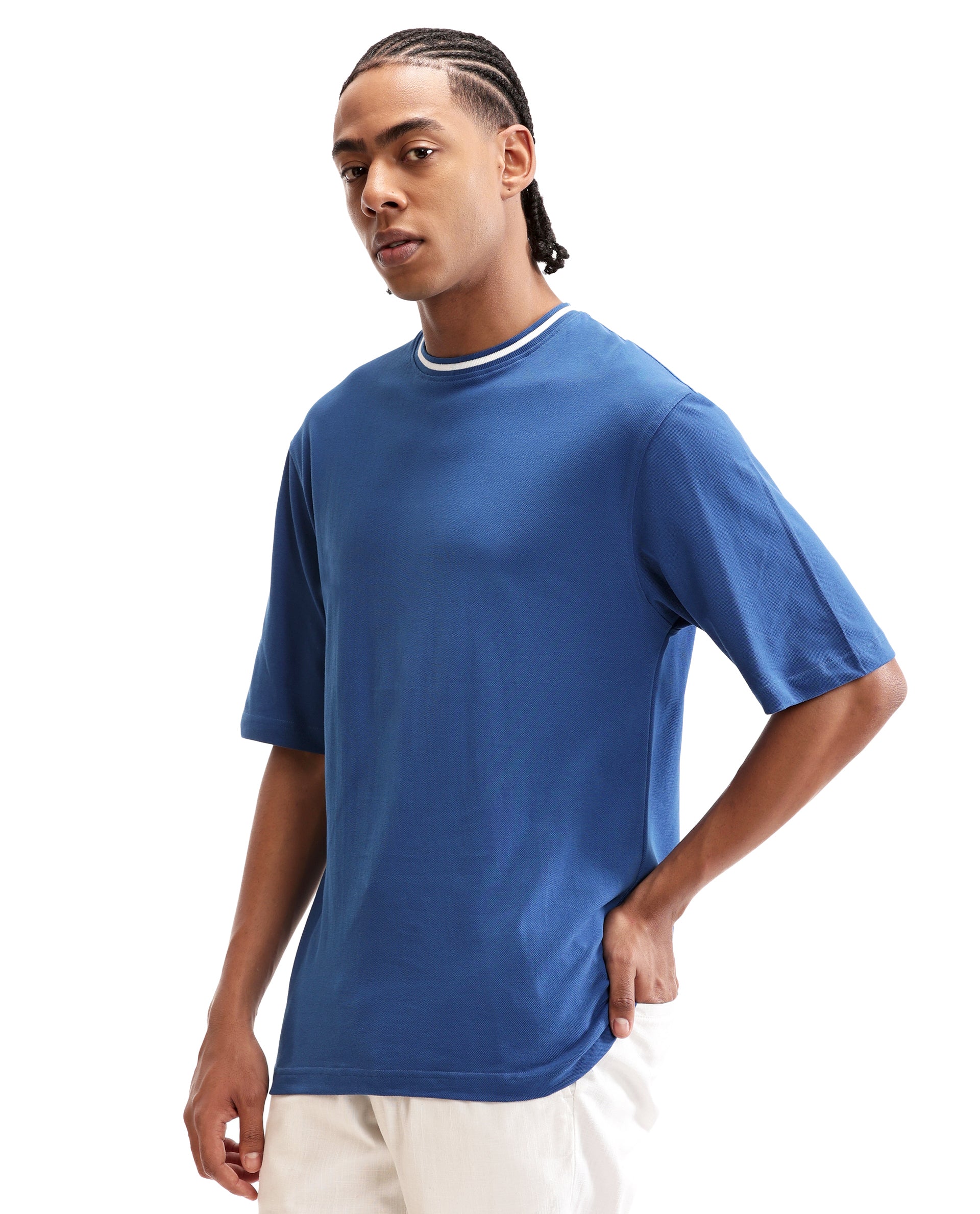 Imperial Prussian Blue Pique Crew Neck Oversized T-Shirt with Pure White Piping