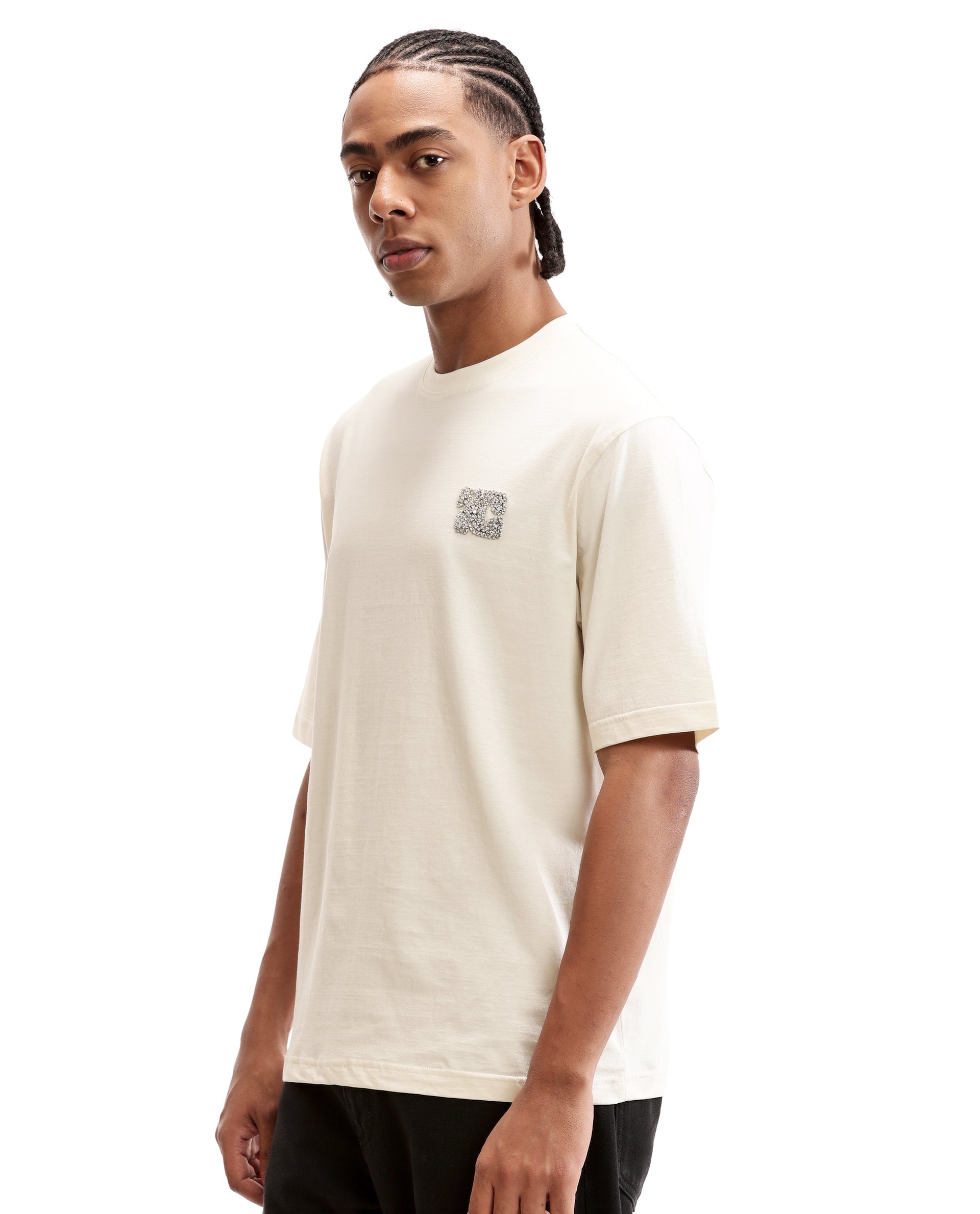 Ivory White Single Jersey Crew Neck Oversized T-Shirt with Crystal Finish Rhinestones