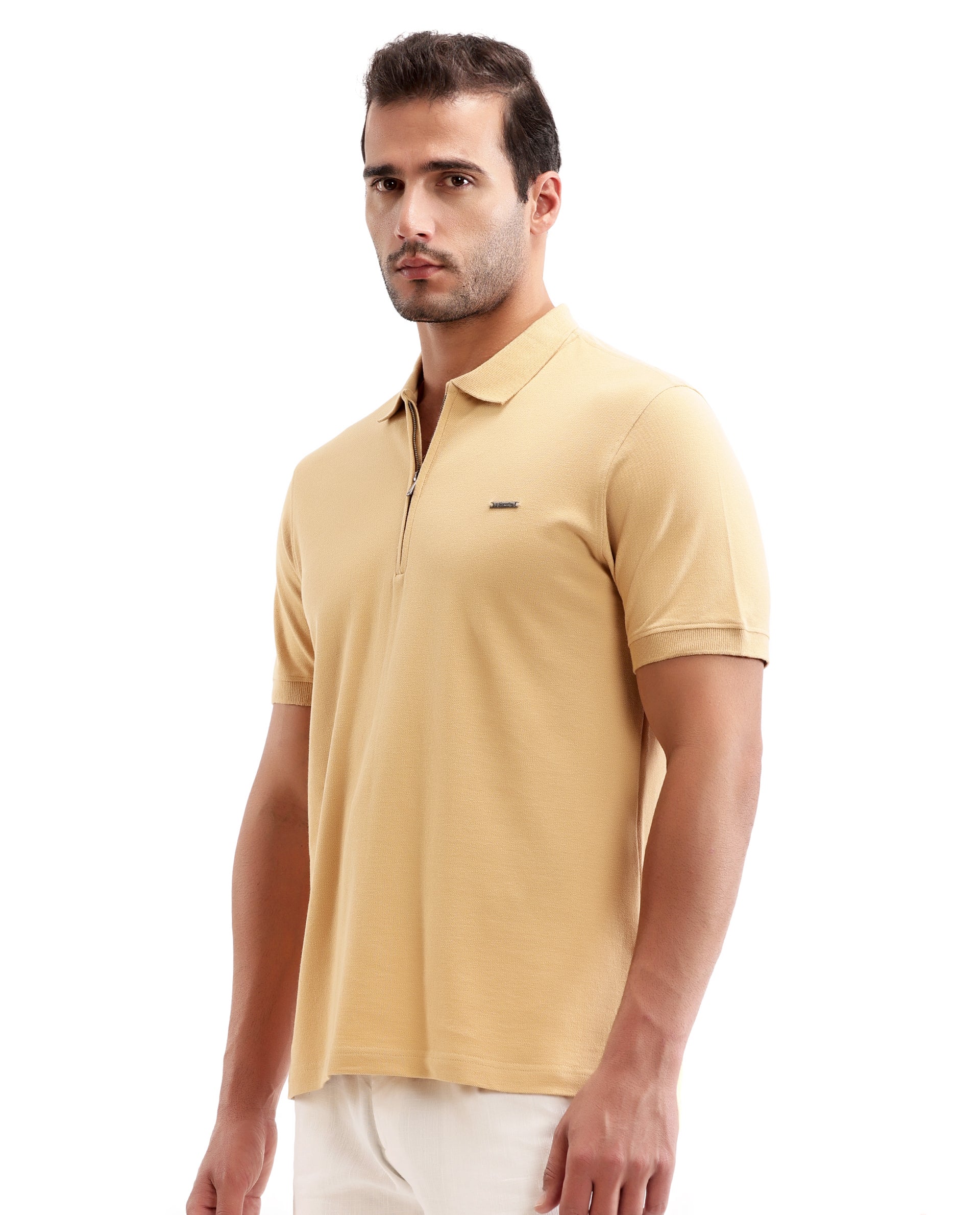 Camel Beige Pique Polo with 7C Metal Zip, Metal Badge