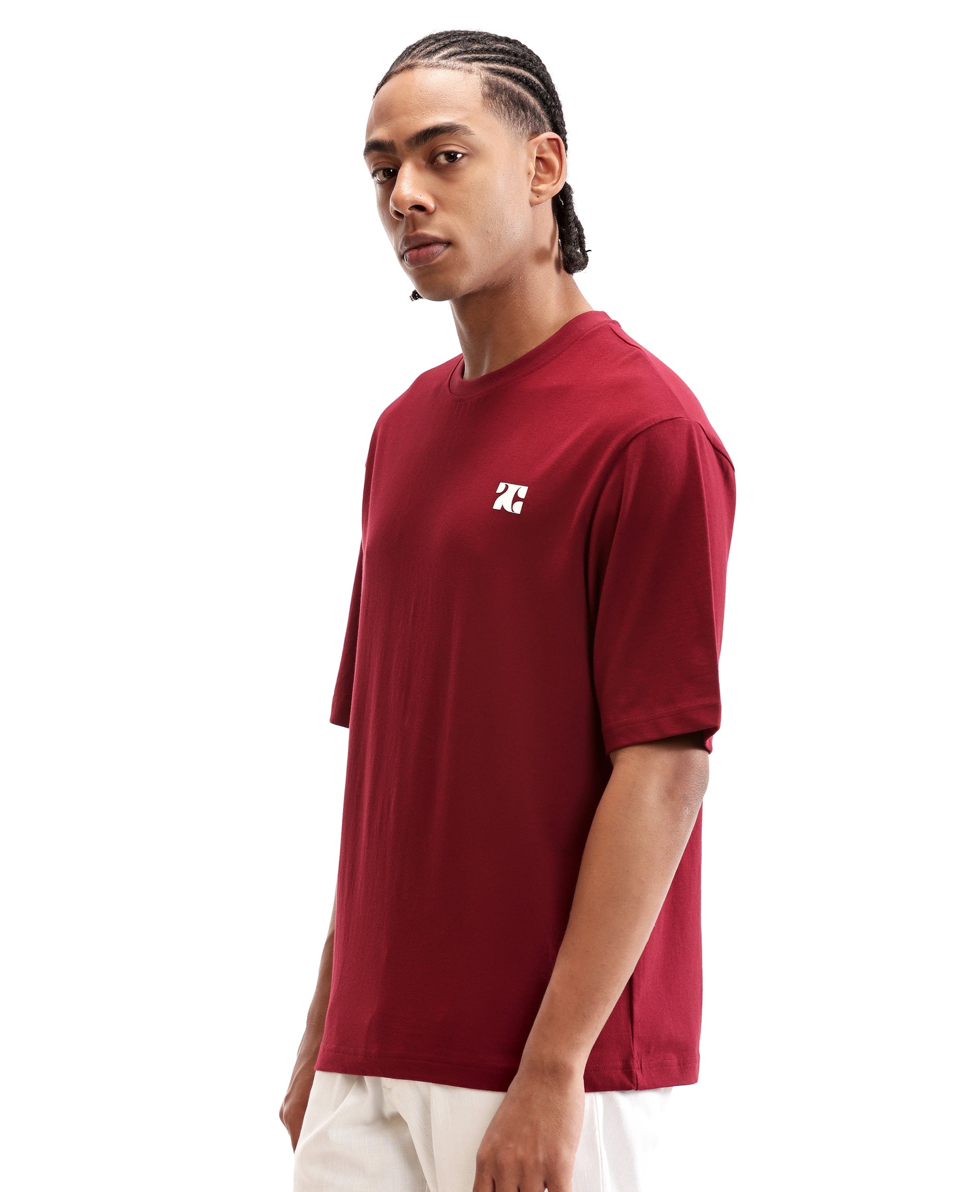 Bordeaux Maroon Single Jersey Crew Neck Oversized T-Shirt with Pure White HD Print