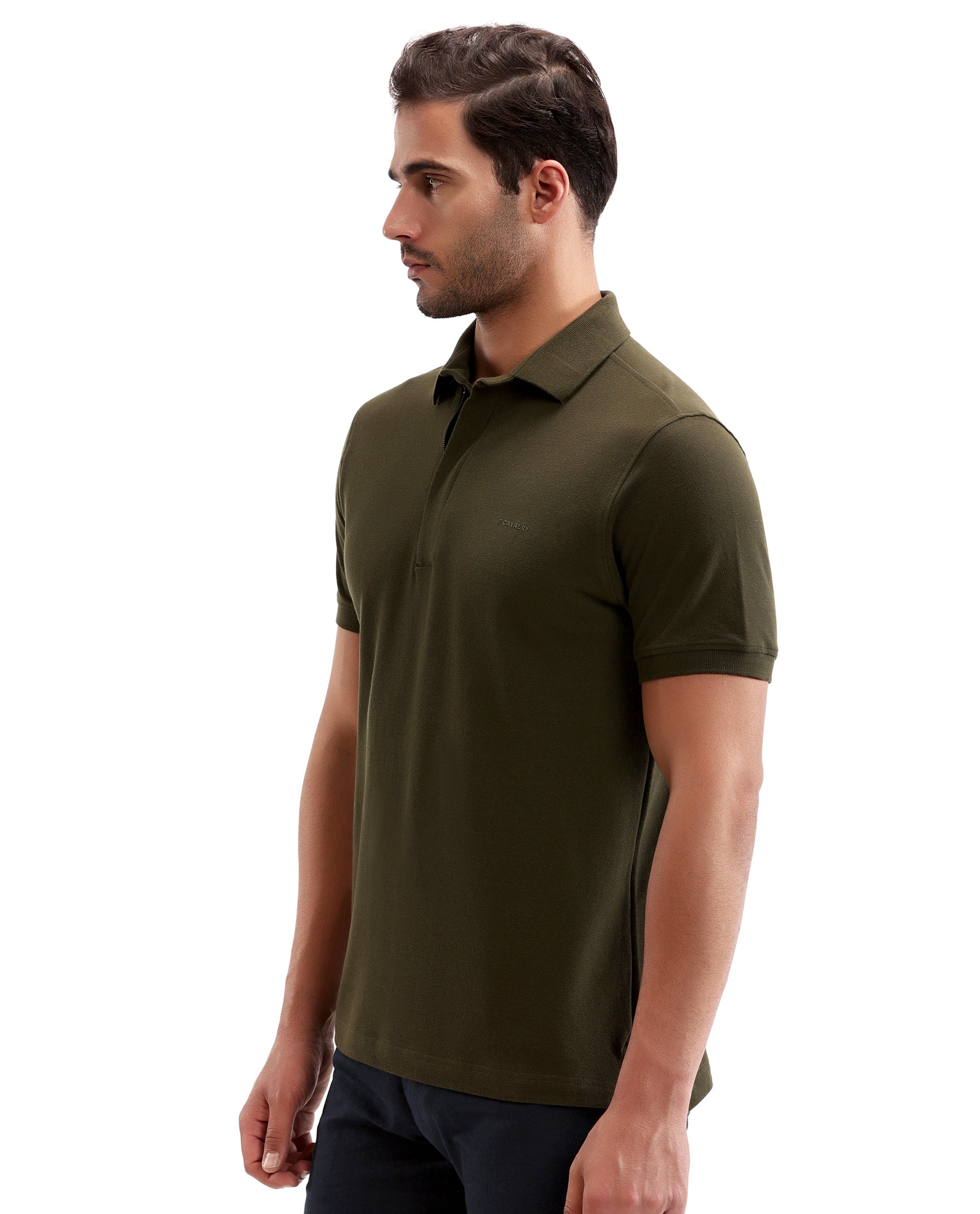 Vintage Olive Pique Polo with Concealed 7C Metal Zip, HD Print
