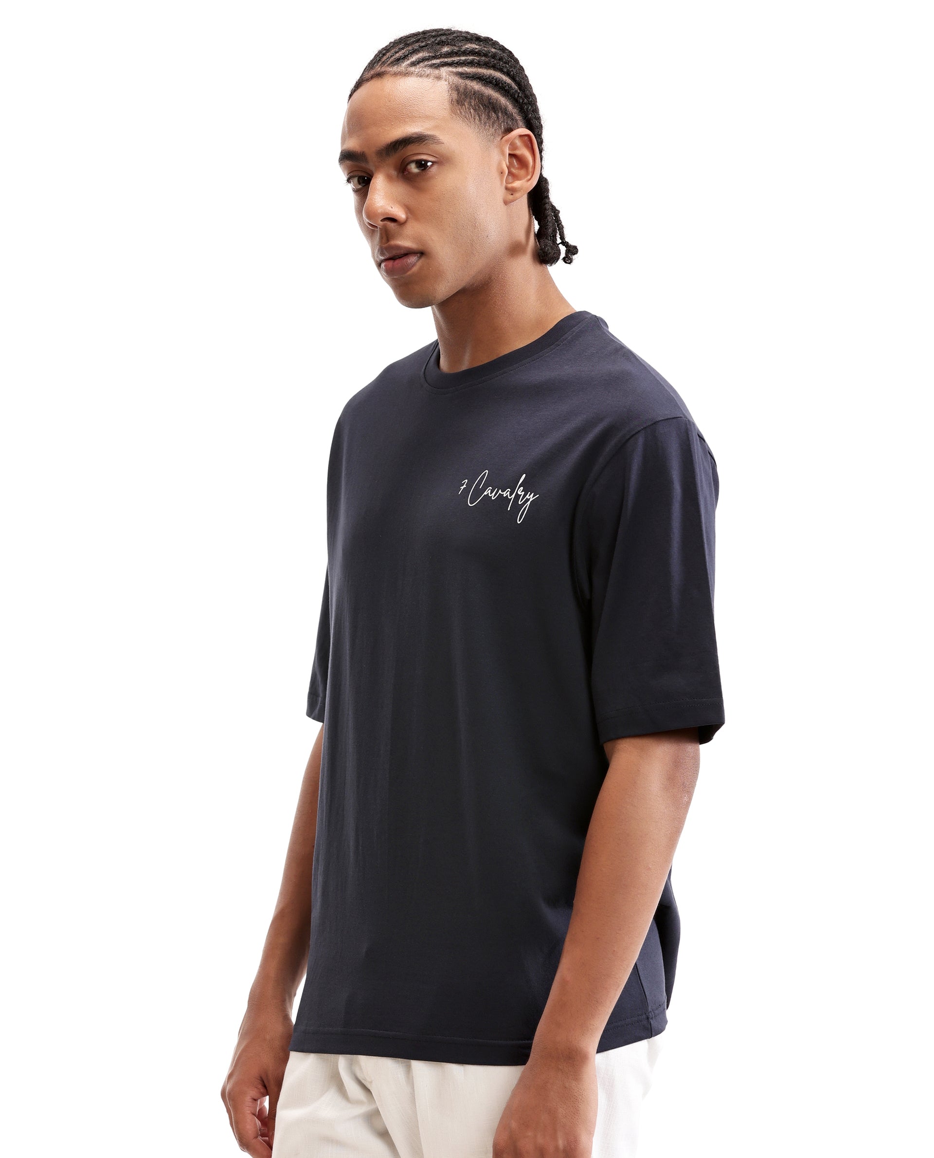 Midnight Navy Blue Single Jersey Crew Neck Oversized T-Shirt with Pure White Non-PVC Print