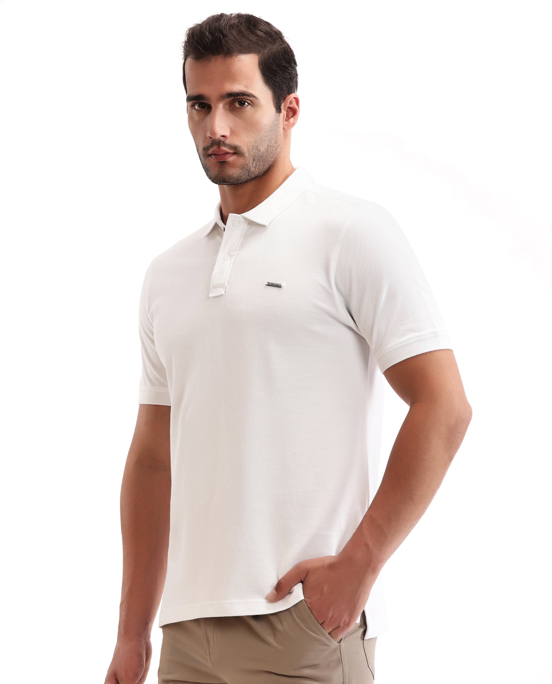 Pure White Pique Polo with 7C Snap Buttons, Metal Badge