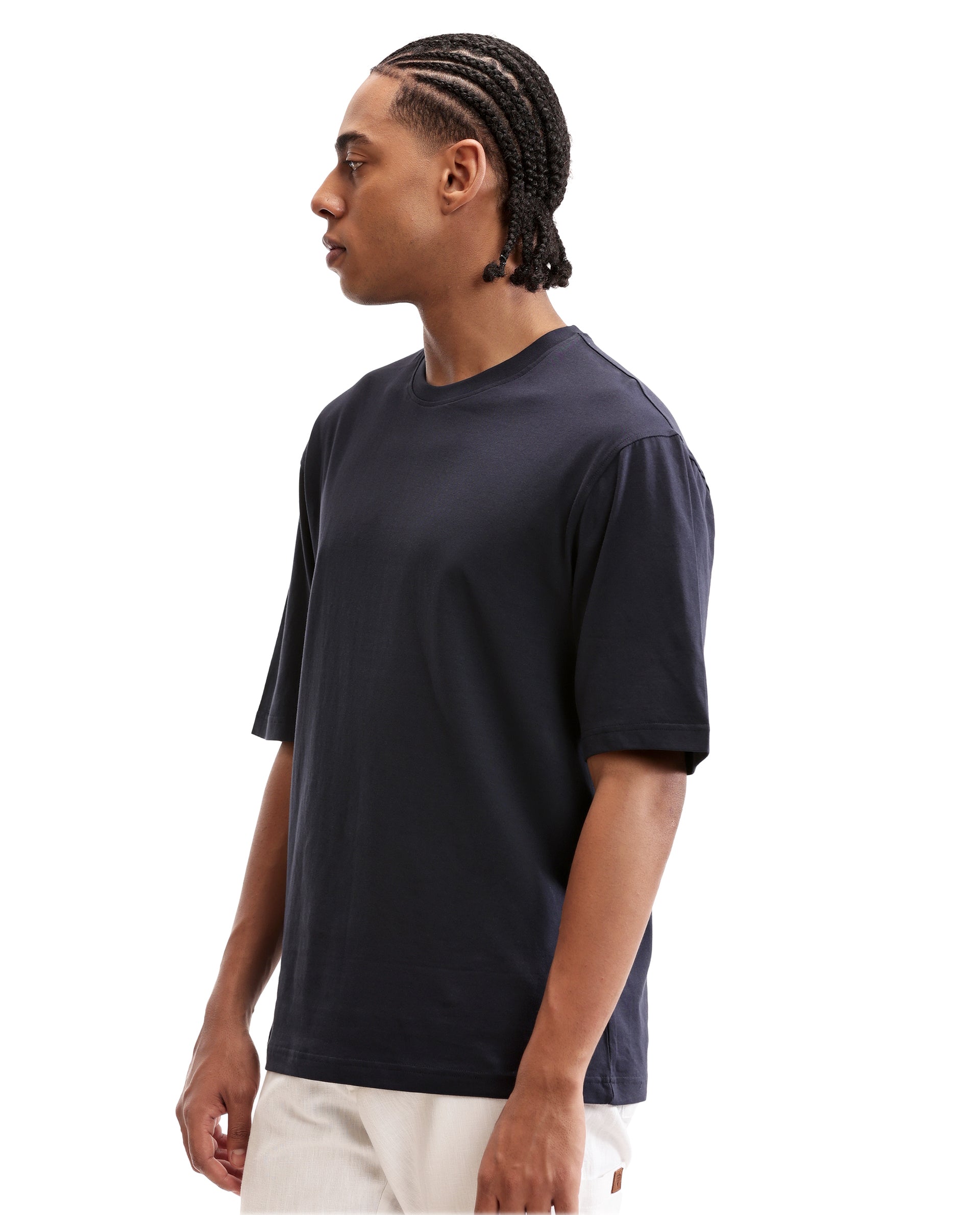 Midnight Navy Blue Single Jersey Crew Neck Oversized T-Shirt