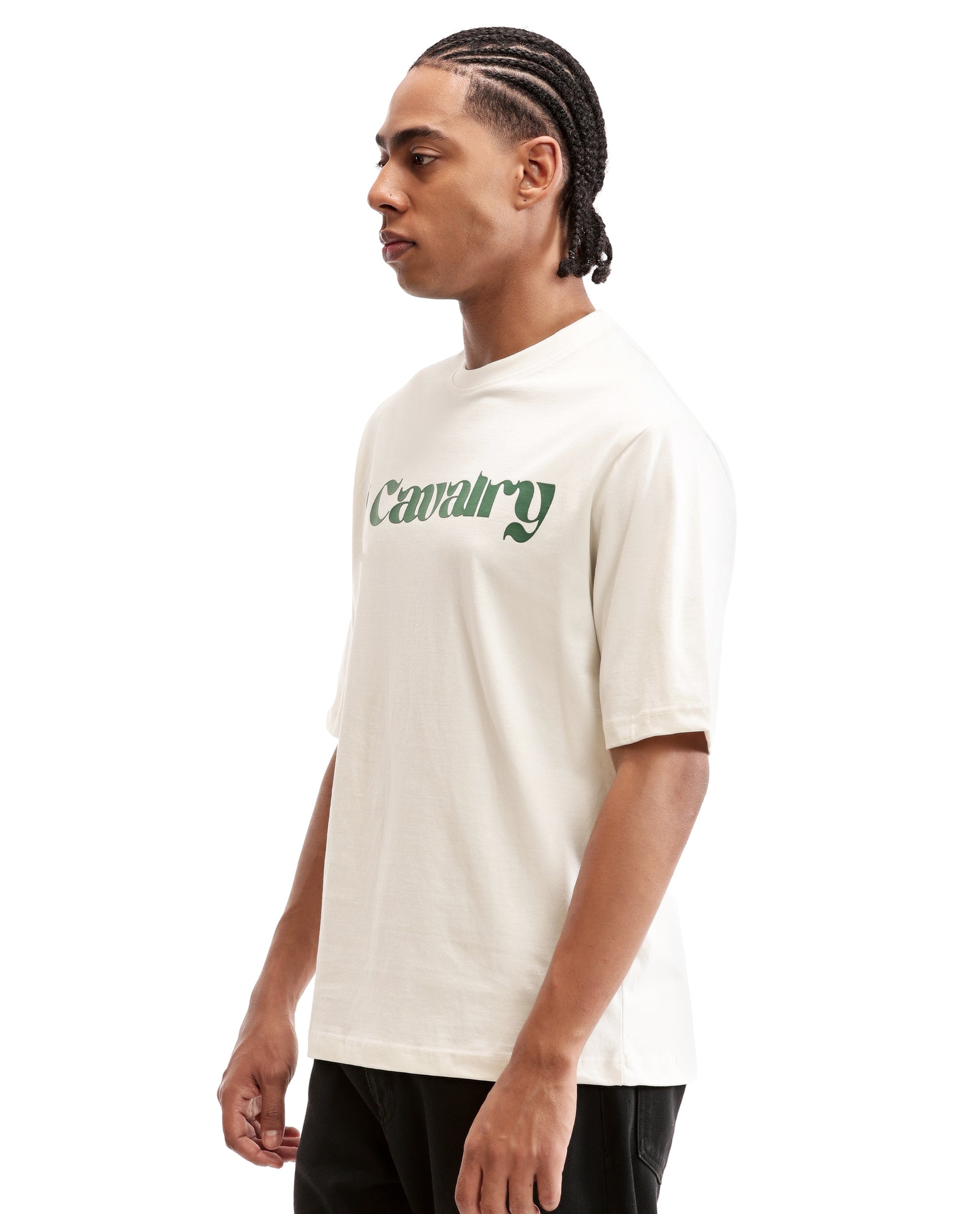 Ivory White Single Jersey Crew Neck Oversized T-Shirt with Deep Forest Green Puff Print