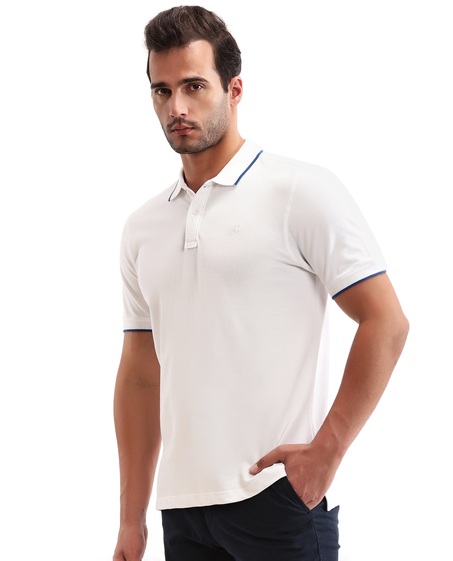 Pure White Pique Polo with Imperial Prussian Blue Collar Piping, Tone-on-Tone 7C Embroidery