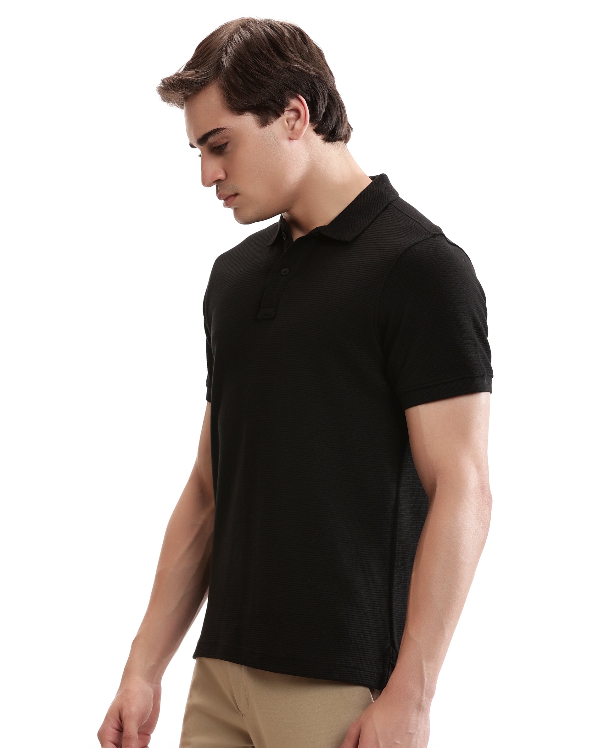 Charcoal Black Knitted Ottoman Polo with Ribbed Collar