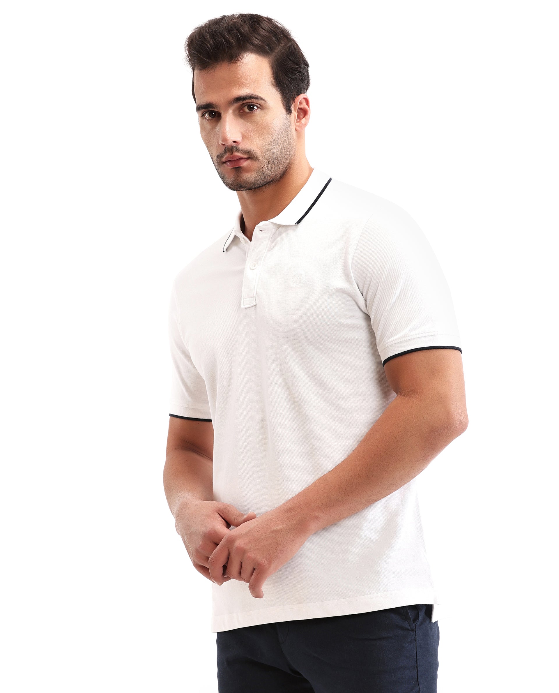 Pure White Pique Polo with Midnight Navy Blue Collar Piping, Tone-on-Tone 7C Embroidery