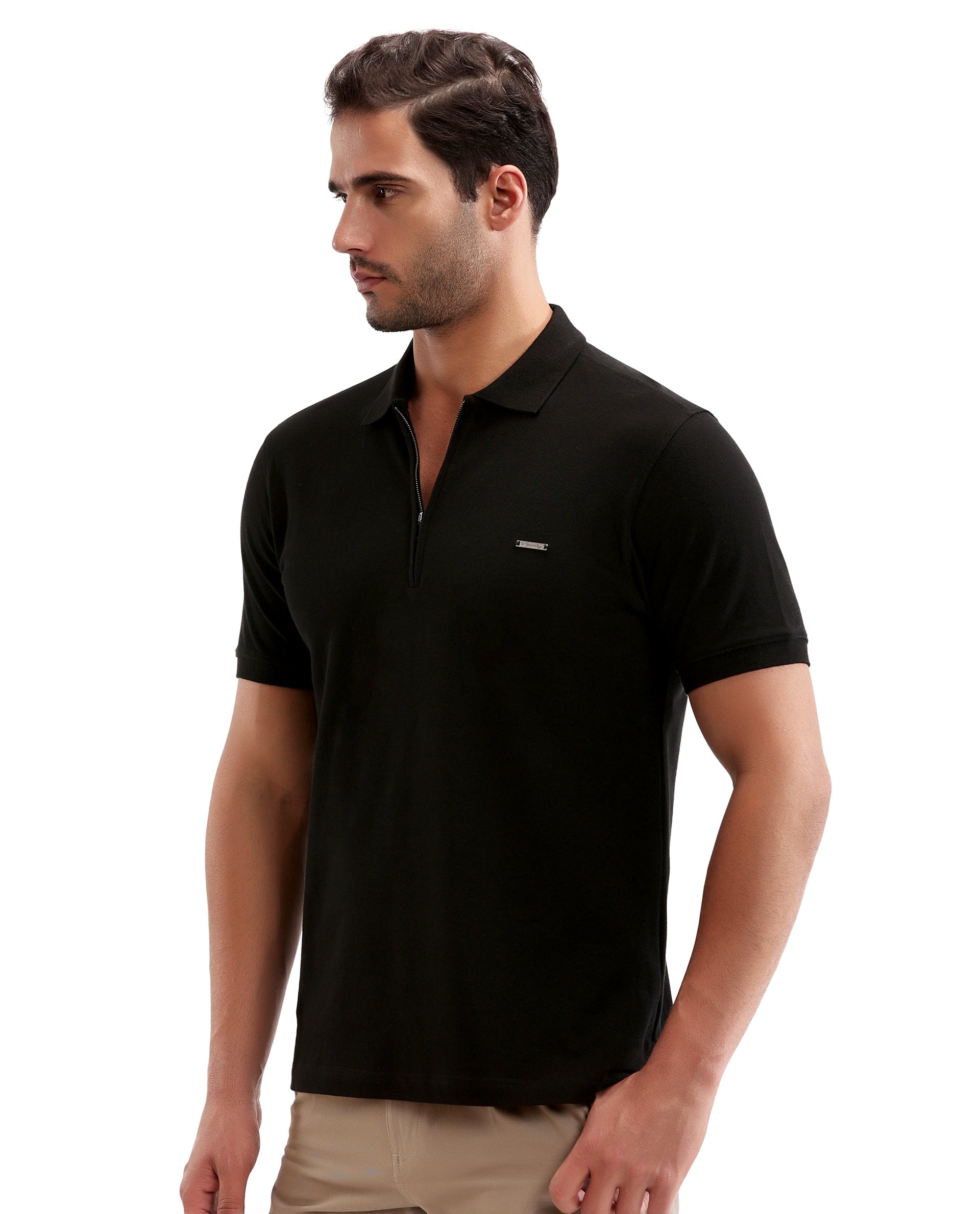 Charcoal Black Pique Polo with 7C Metal Zip, Metal Badge