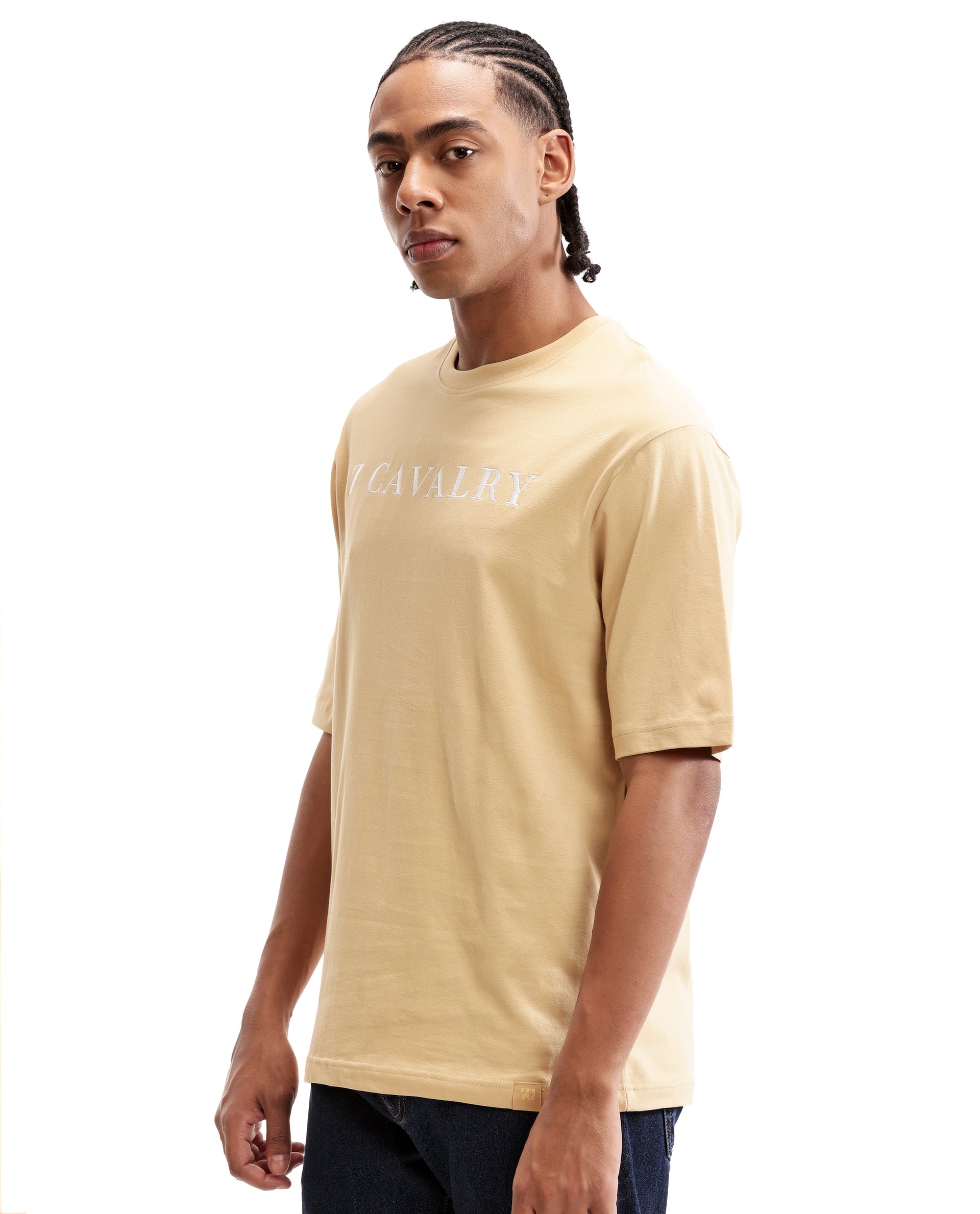 Camel Beige Single Jersey Crew Neck Oversized T-Shirt with Pure White Embroidery