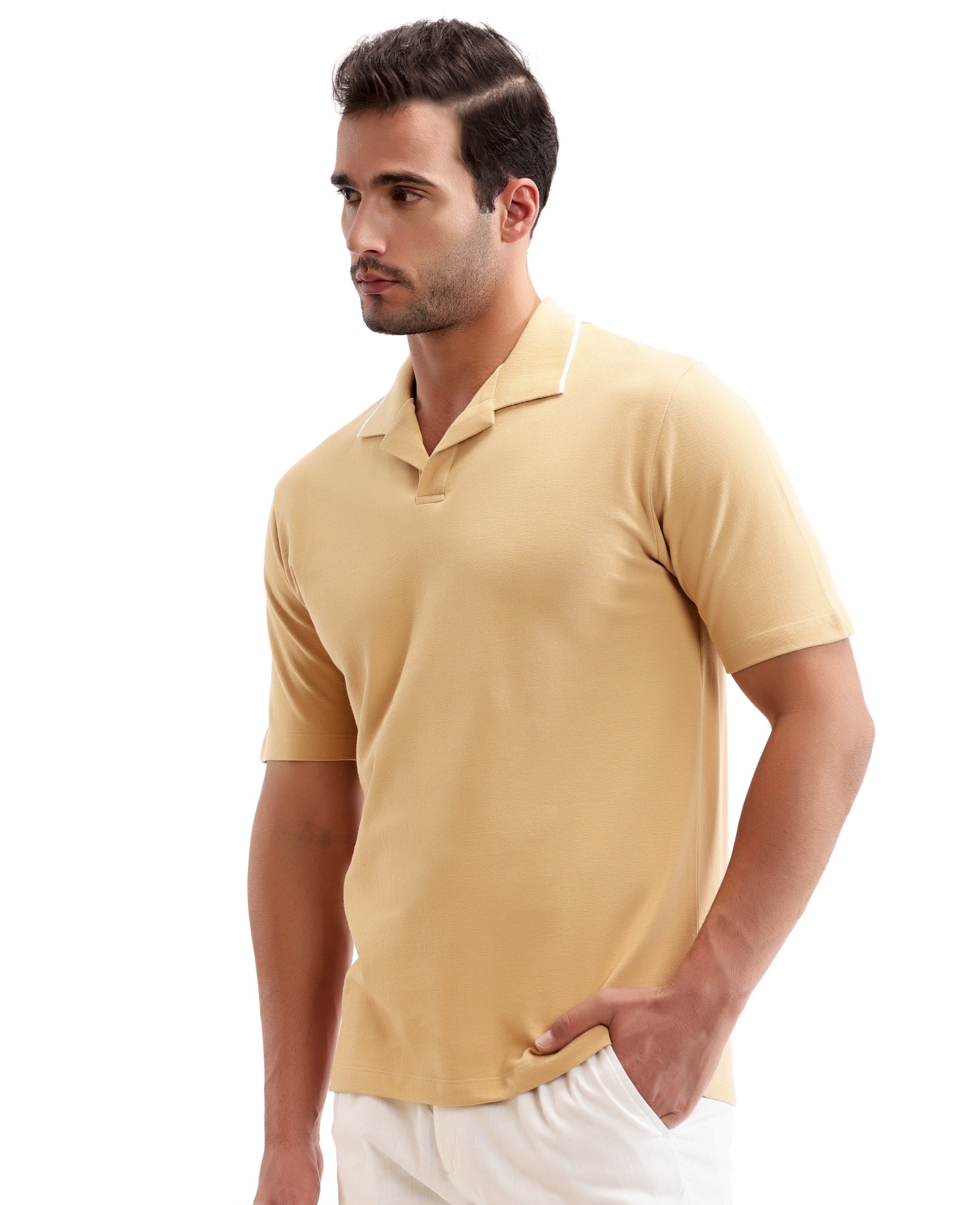 Camel Beige Johnny Collar Pique Polo with White Collar Piping