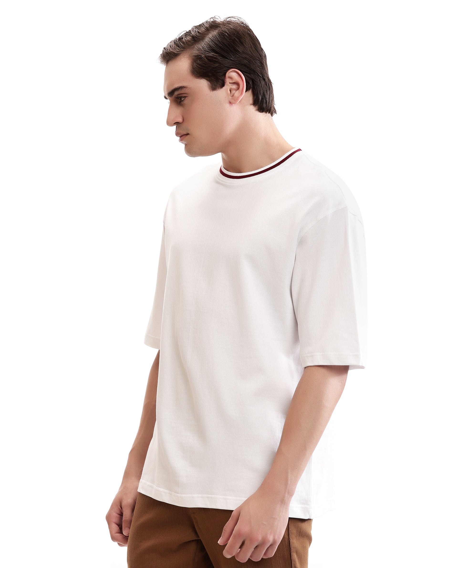 Pure White Pique Crew Neck Oversized T-Shirt with Bordeaux Maroon Piping