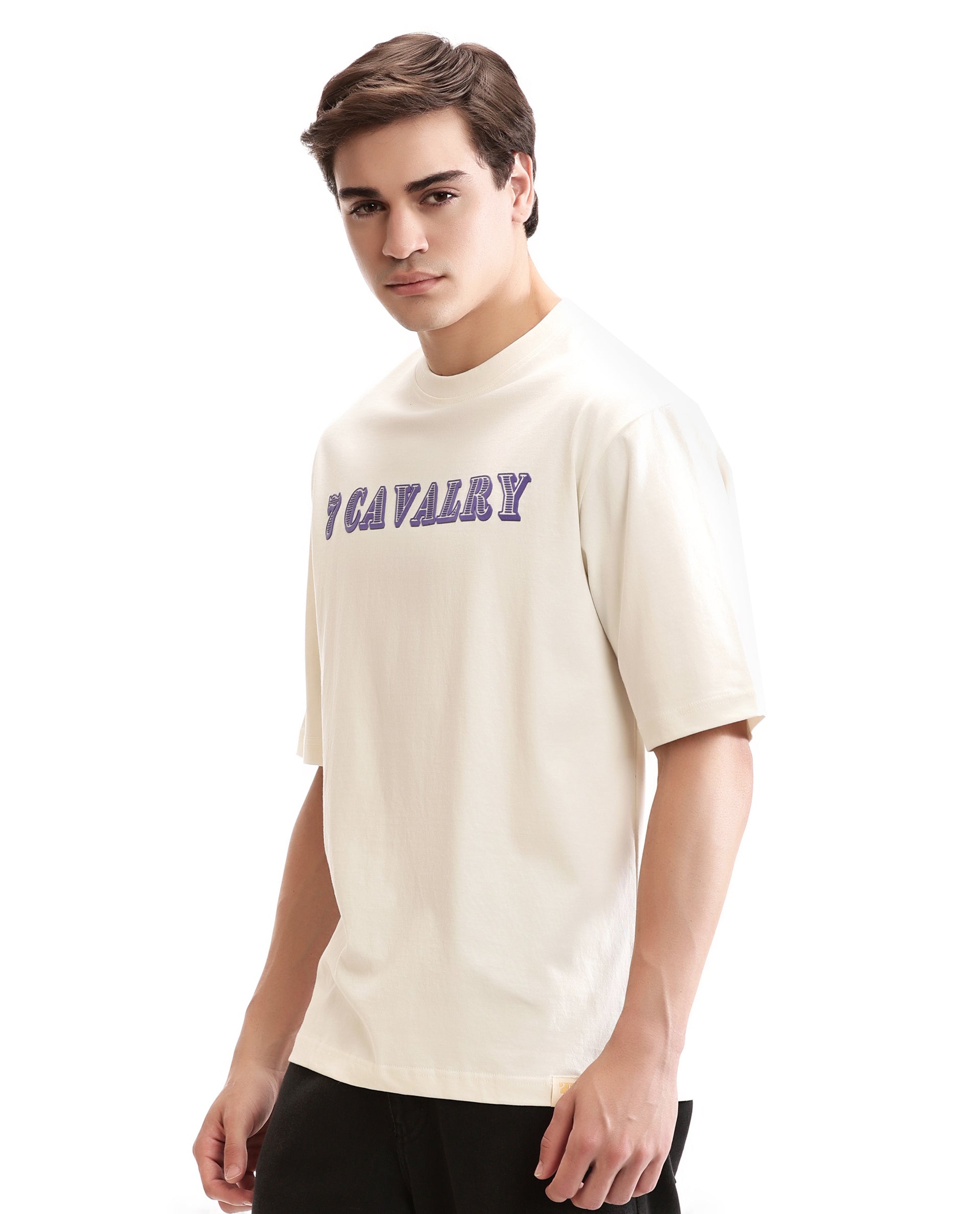 Ivory White Single Jersey Crew Neck Oversized T-Shirt with Deep Purple HD Print