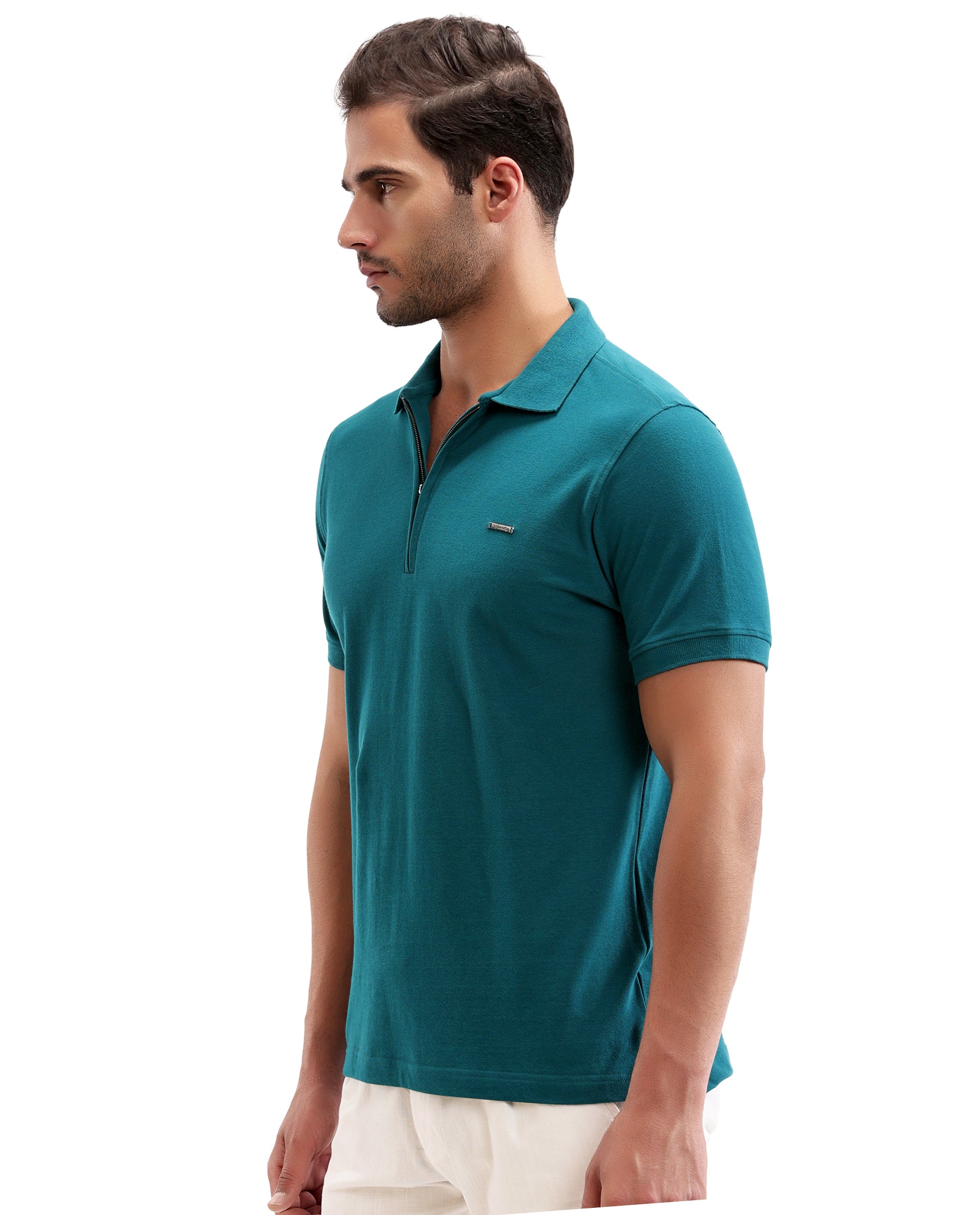 Ocean Teal Pique Polo with 7C Metal Zip, Metal Badge