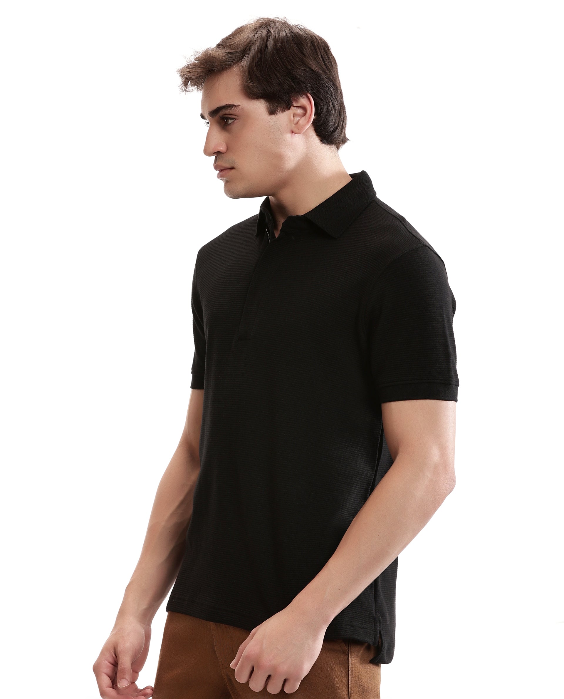 Charcoal Black Knitted Ottoman Polo with 7C Metal Zip