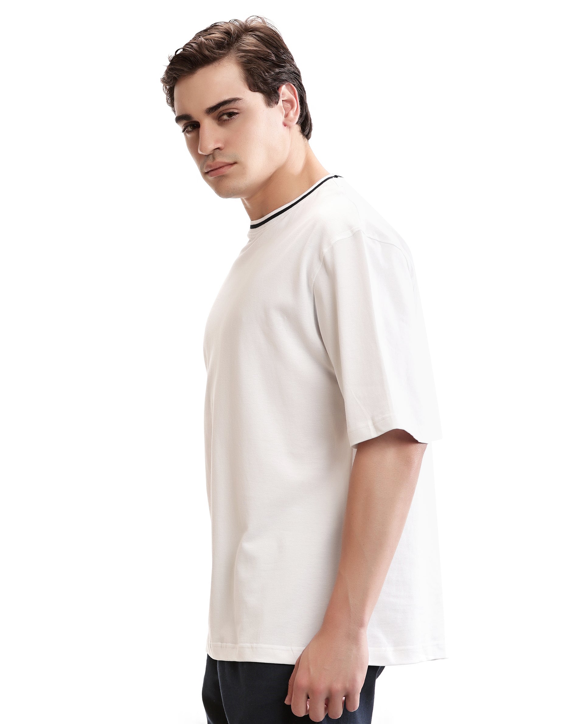 Pure White Pique Crew Neck Oversized T-Shirt with Midnight Navy Blue Piping
