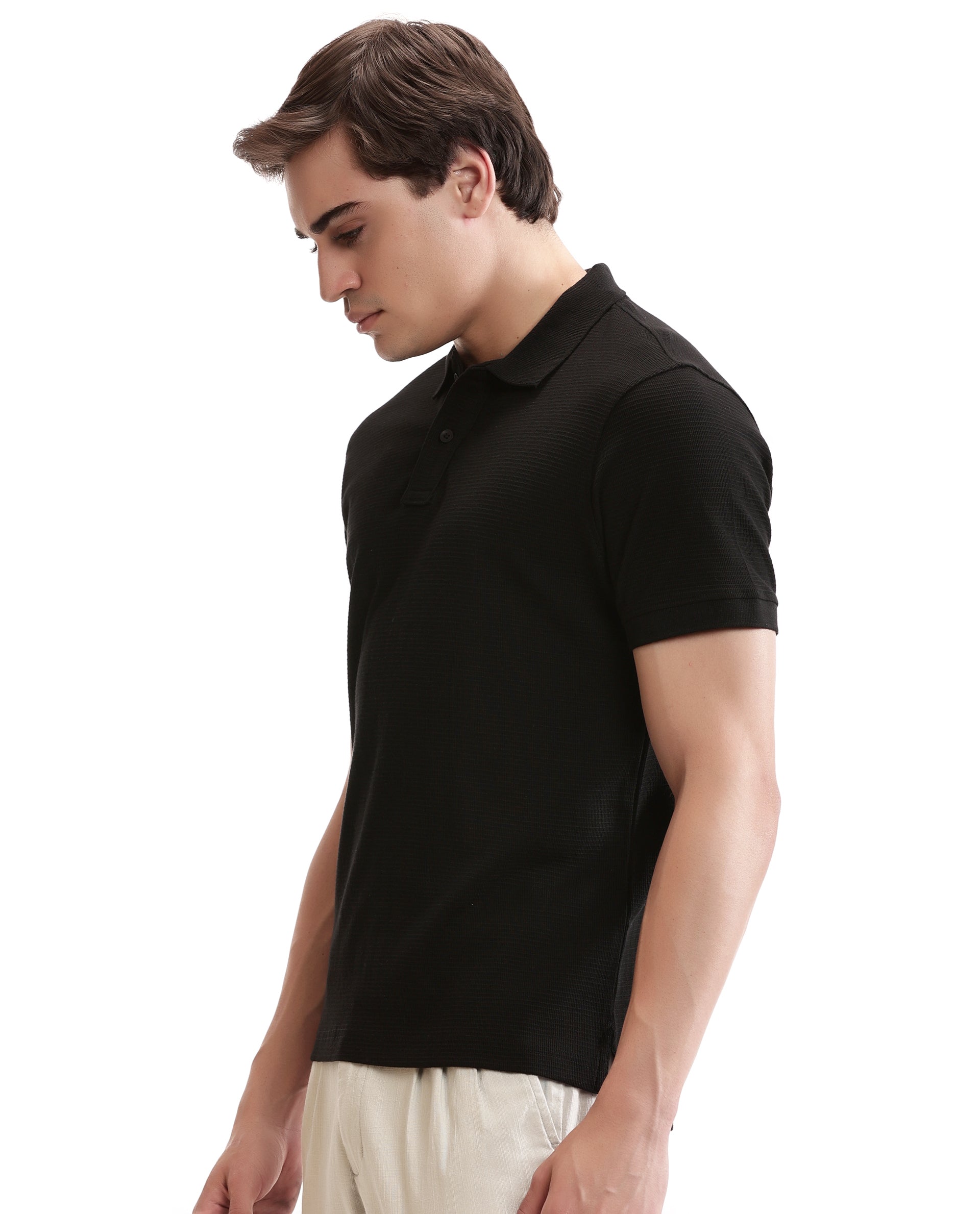 Charcoal Black Knitted Waffle Polo with Ribbed Collar